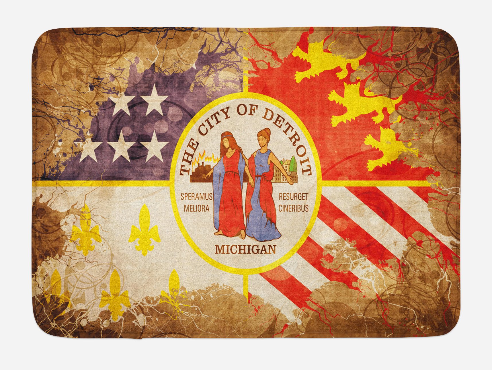 Ambesonne Vintage Detroit Flag Bath Mat - Antique Floral Swirls Design, Non-Slip Plush Bathroom Rug, 30.2 x 20 Inches, Multicolor - Perfect for Retro Home Decor & Cozy Bathroom Accent