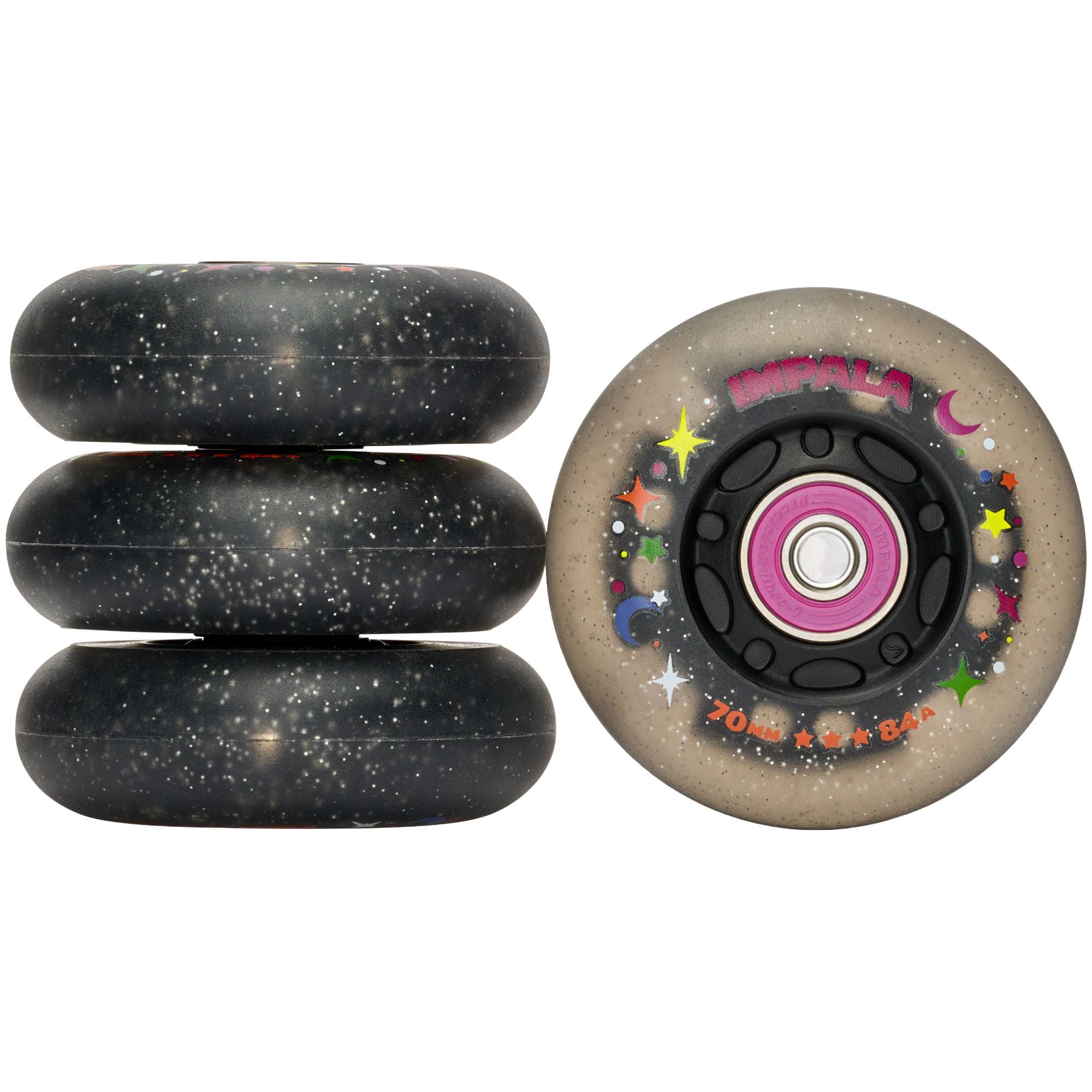 Impala 4 Pack Light Up Inline Wheels Black Twinkle - Glow in The Dark Roller Skating Wheels for Night Skating, Rink Parties & Outdoor Fun