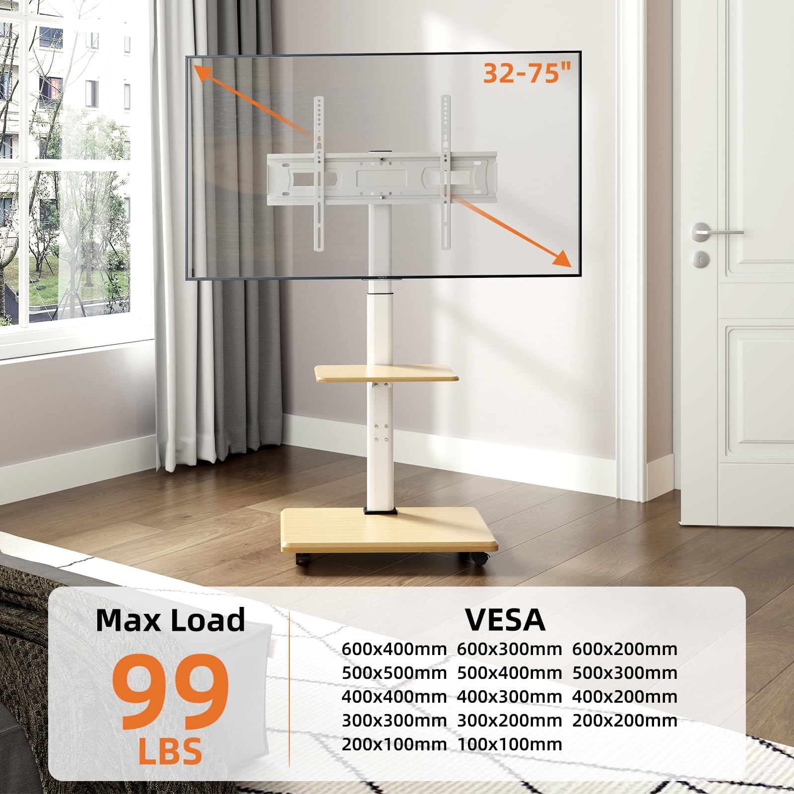 Mobile TV Stand with Wheels for 32-75 Inch Flat Screen TVs - Adjustable Height Swivel Rolling Cart with Wood Shelf | Perfect for Bedroom, Living Room & Home Office Entertainment Setup