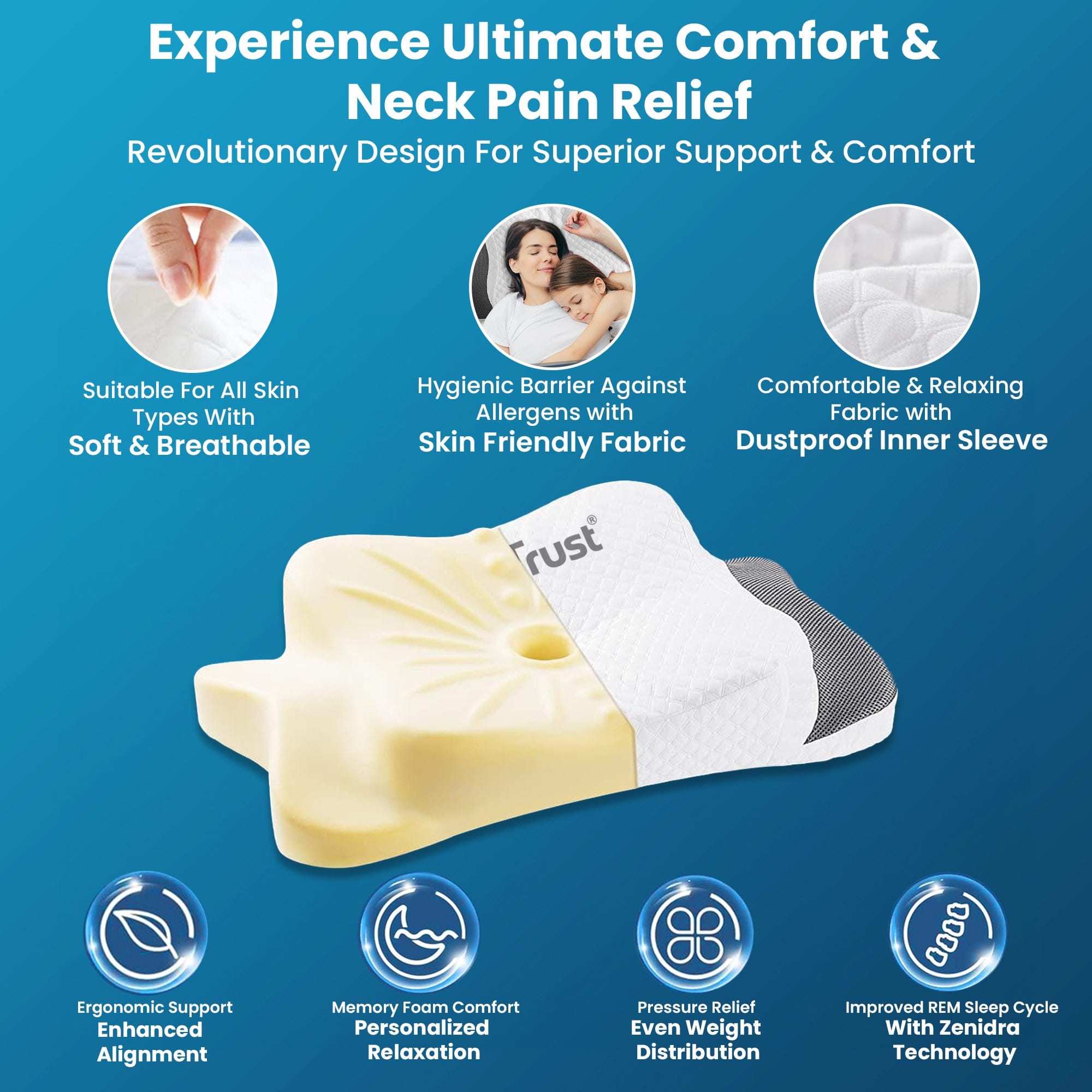 Dr Trust USA Orthopedic Memory Foam Cervical Pillow for Neck Pain Relief - Ergonomic Head & Shoulder Support Pillow for Side, Back & Stomach Sleepers - Helps with Sleep Apnea, Insomnia, Snoring & Stress - Perfect for Home, Office & Travel Use