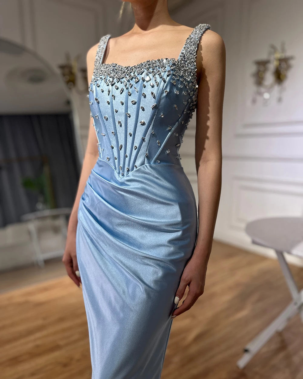 Luxury Dubai Saudi Blue Crystal Beaded Spaghetti Strap Mermaid Evening Gown with High Slit - Formal Party Dress for Prom, Wedding, Gala & Red Carpet Events