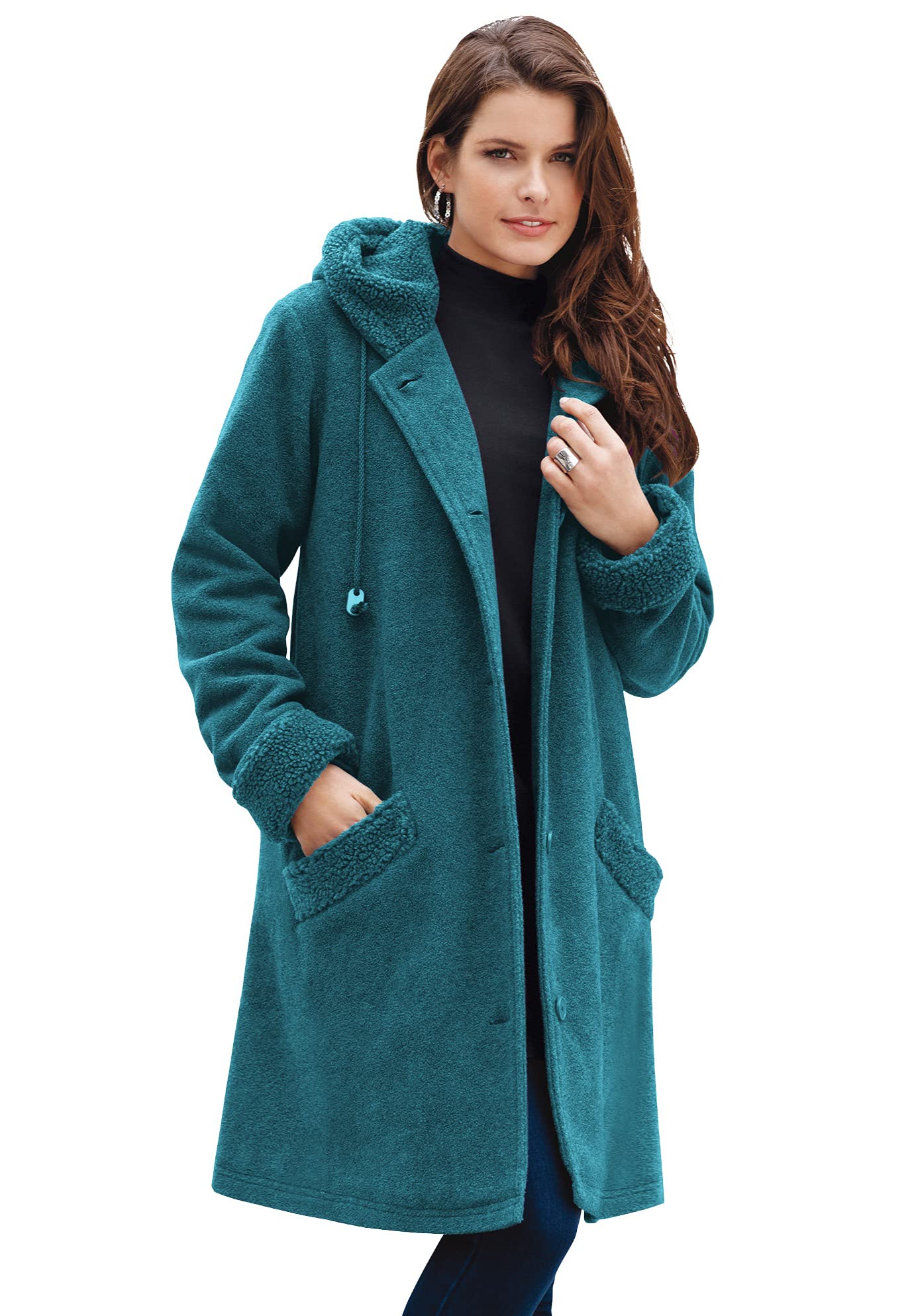 Rooman's Women's Plus Size Hooded Fleece Coat - Soft Plush Winter Jacket with Button Front for Casual Outings & Cold Weather Protection