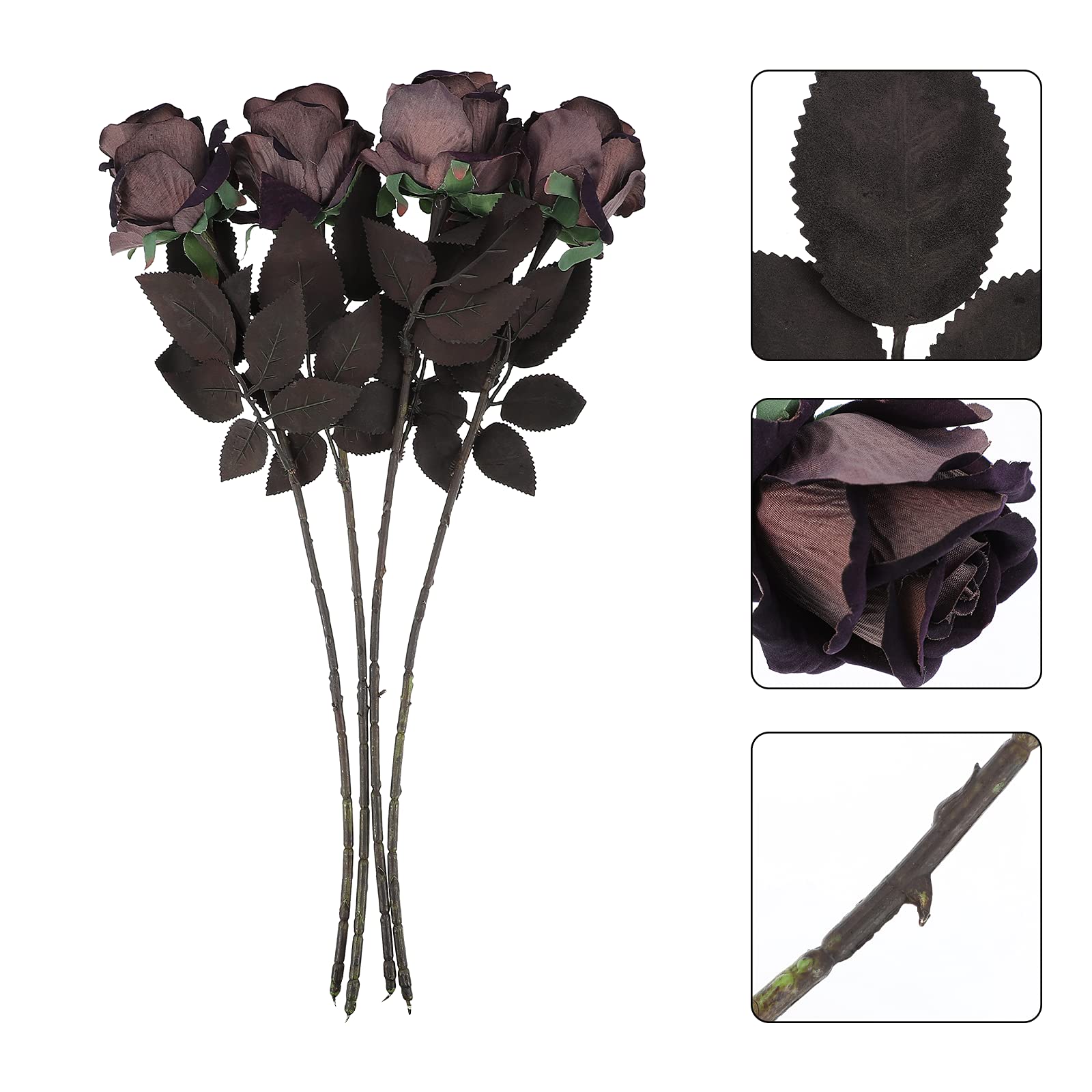 SOIMISS 4pcs Black Flannel Roses Artificial Flowers - Halloween Decor, Silk Rose Stems for Dining Table Centerpiece, Wedding Party, Home Decor & Gothic Floral Arrangements