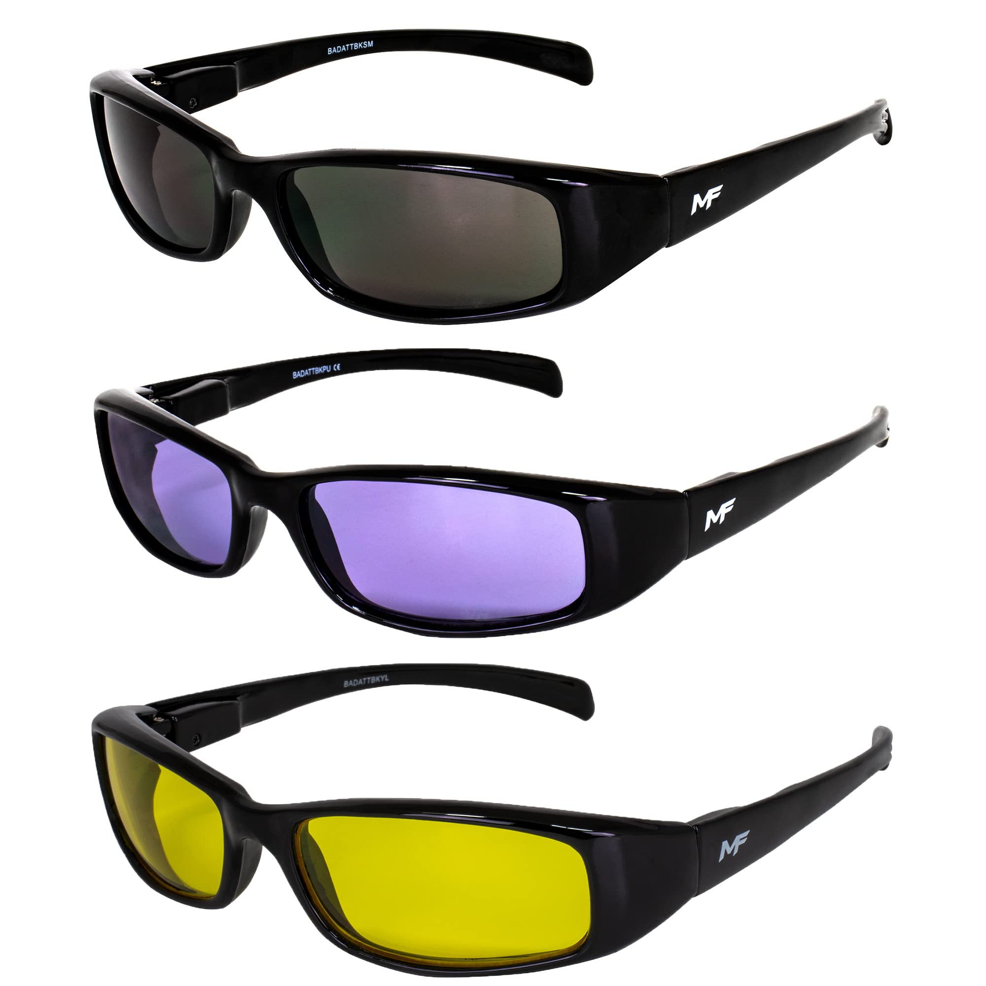 3 Pairs MF Eyewear Bad Attitude Motorcycle Glasses - Shatterproof Polycarbonate, UV400 Protection, Scratch-Resistant - Black Frame with Smoke Purple & Yellow Lenses - Perfect for Motorcycle Riding, Cycling, Outdoor Sports & Driving