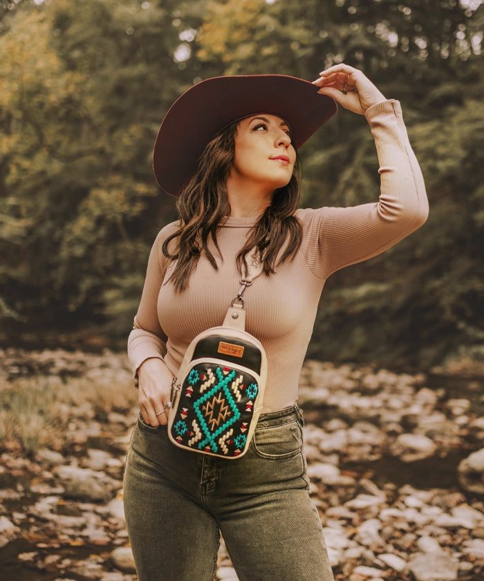 Wrangler Aztec Embroidered Whipstitch Sling Bag - Stylish Crossbody Purse for Women, Men | Perfect for Travel, Hiking & Everyday Use