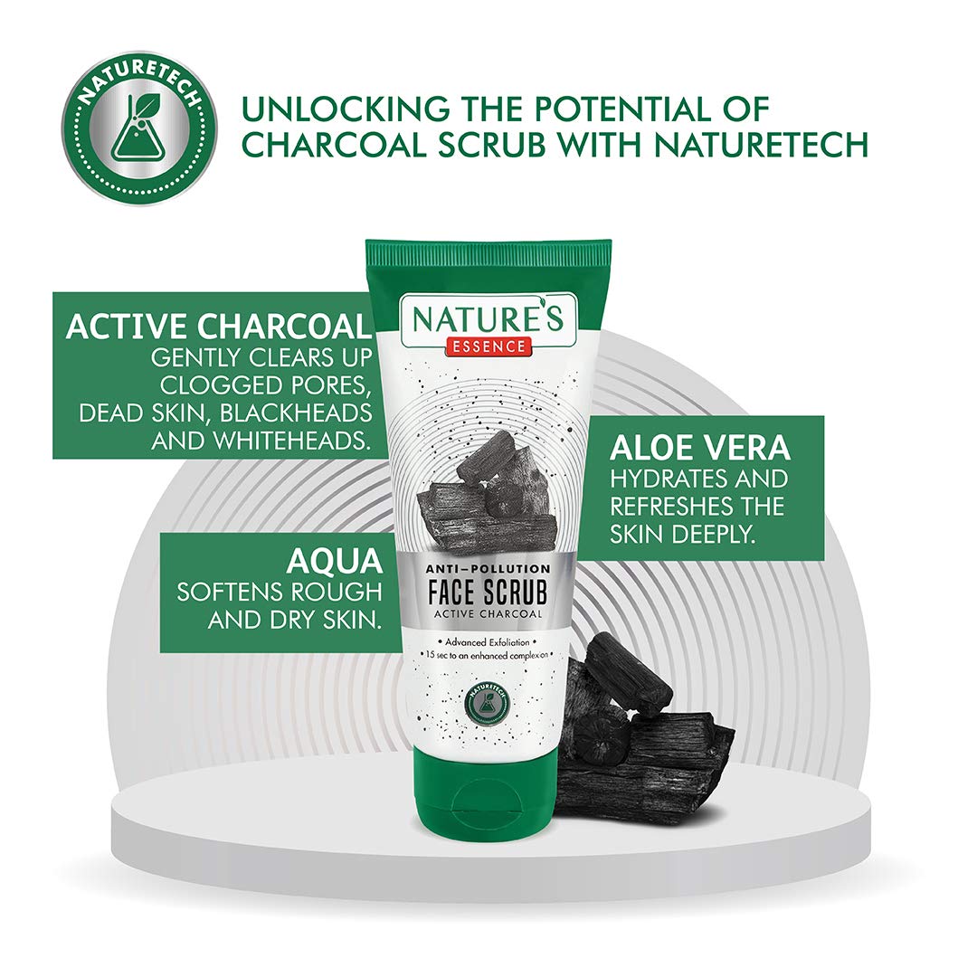 Nature's Essence Anti-Pollution Charcoal Face Scrub 50g - Deep Cleansing & Detoxifying Facial Exfoliator for Blackheads & Acne - Perfect for Daily Skincare Routine & Post-Workout Refresh