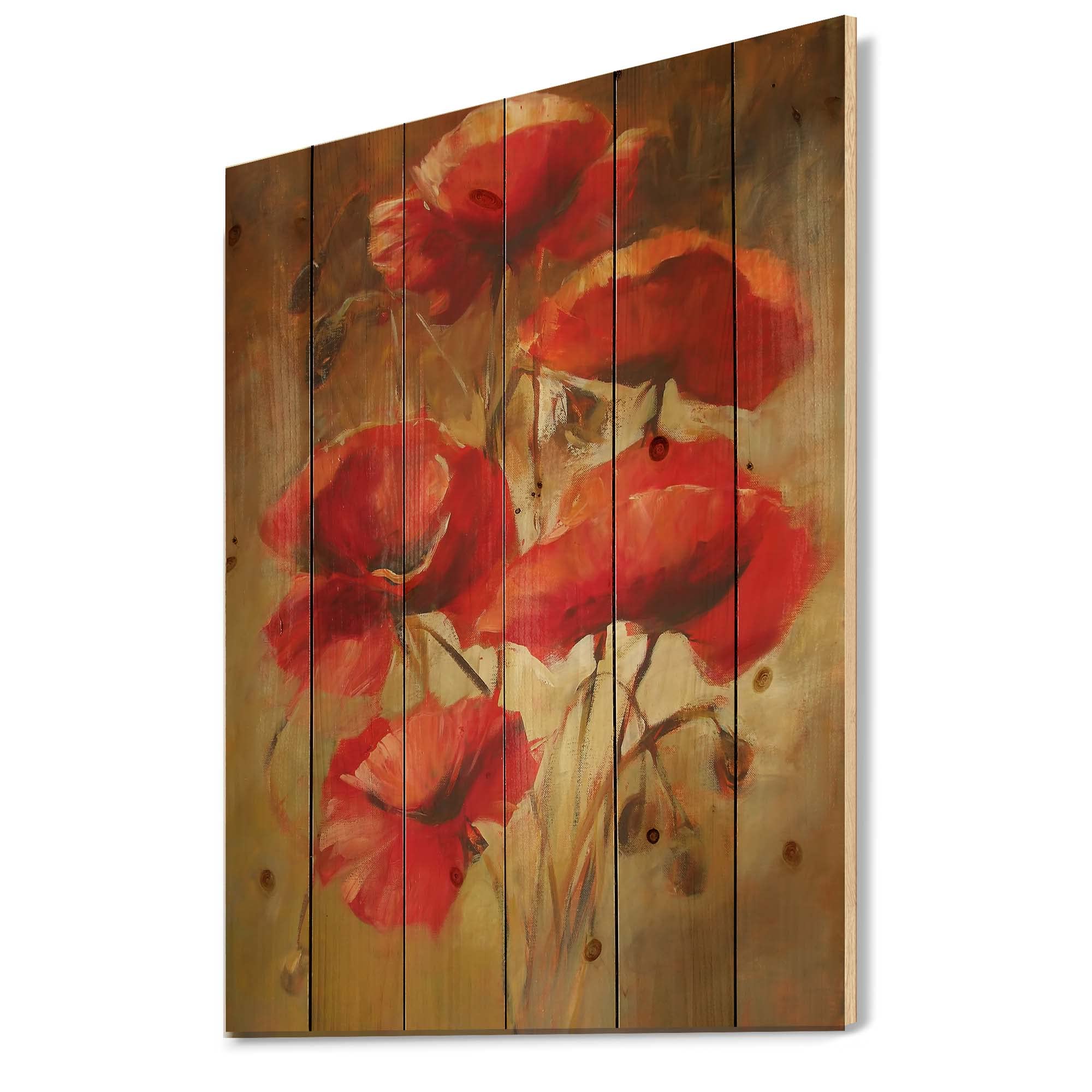 DesignQ Red Blossoming Poppies Traditional Wood Wall Decor - Large Floral Wall Art Panel Printed on Natural Pine Wood - Perfect for Living Room, Bedroom & Office Decoration