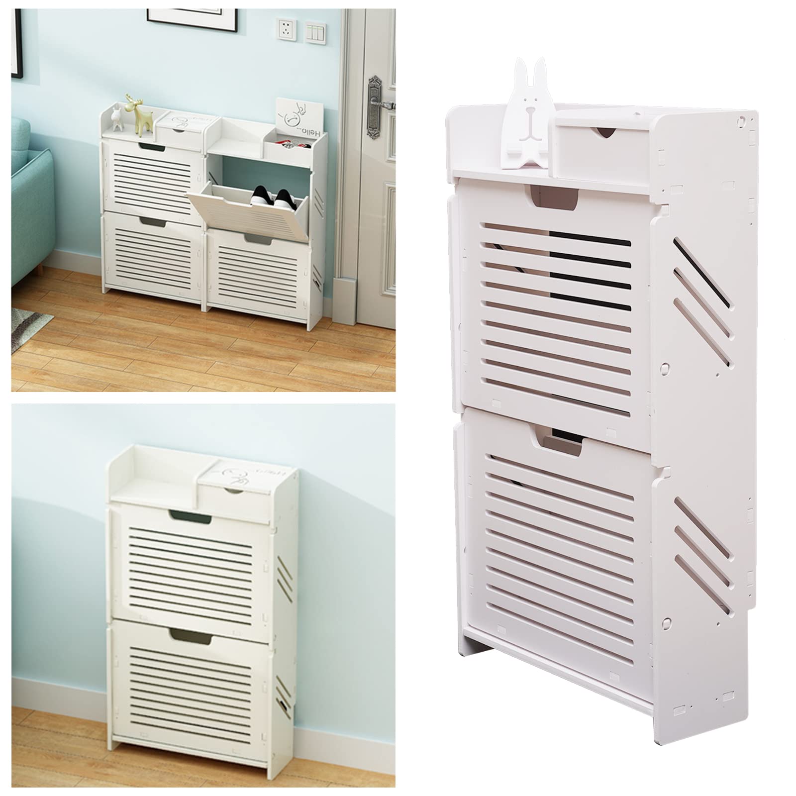 2-Tier Shoe Rack with Storage Drawer - Space Saving Shoe Organizer Cabinet for Entryway, Closet & Bathroom - White Portable Shoe Storage Solution for Small Spaces & Home Organization
