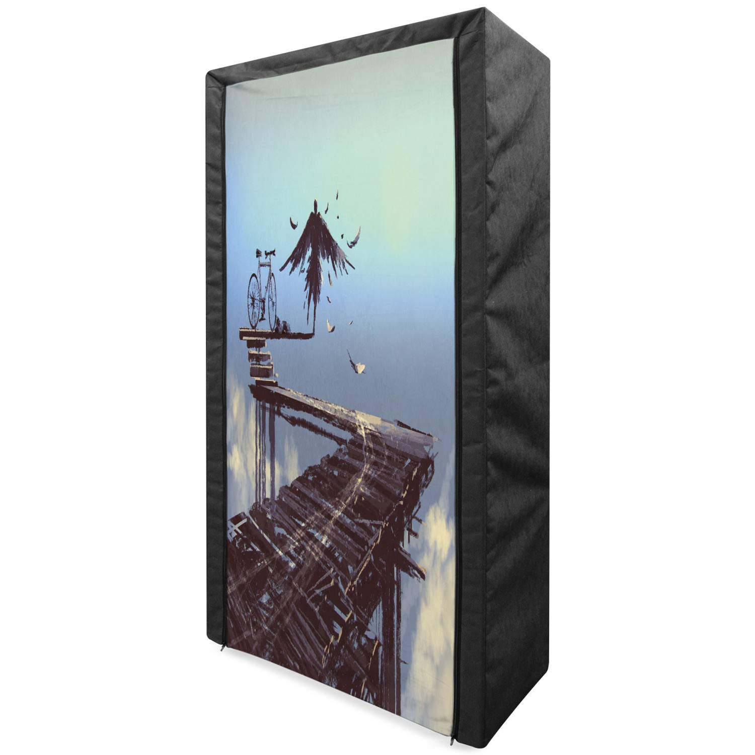 Ambesonne Fantasy World Portable Fabric Wardrobe - Surreal Art Print Bird Man with Eagle Wings Flying Over Clouds Bicycle Illustration - Brown Clothing Organizer & Storage Closet with Shelves (33.5 Inches) - Perfect for Bedroom, Dorm, Apartment, or Small Space Organization
