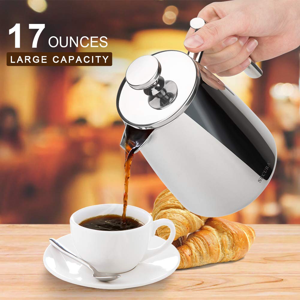 Secura 17-Ounce Stainless Steel French Press Coffee Maker - 304 Insulated Coffee Press with Extra Fine Mesh Filter Screen for Rich, Bold Brew - Perfect for Home, Office, Camping & Gifts