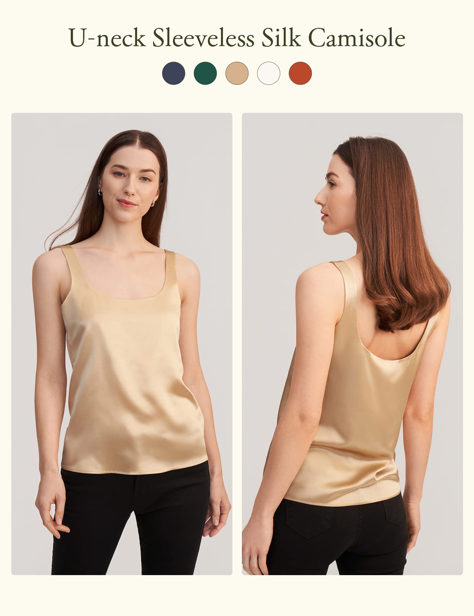 LilySilk 100% Pure Mulberry Silk Camisole for Women - U Neck U Back Soft & Breathable Silk Tank Top - Sleeveless Cami Tops for Summer - Perfect for Layering, Sleepwear & Casual Outfits