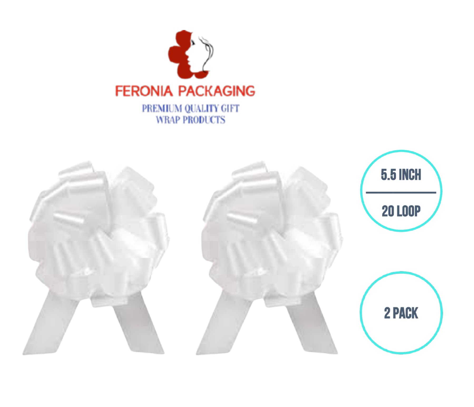 Feronia Packaging 2-Piece White Pull Bows for Gift Wrapping - 5.5 Inch 20 Loop Ribbon Bows for Wedding Gifts, Party Favors & Holiday Decorations