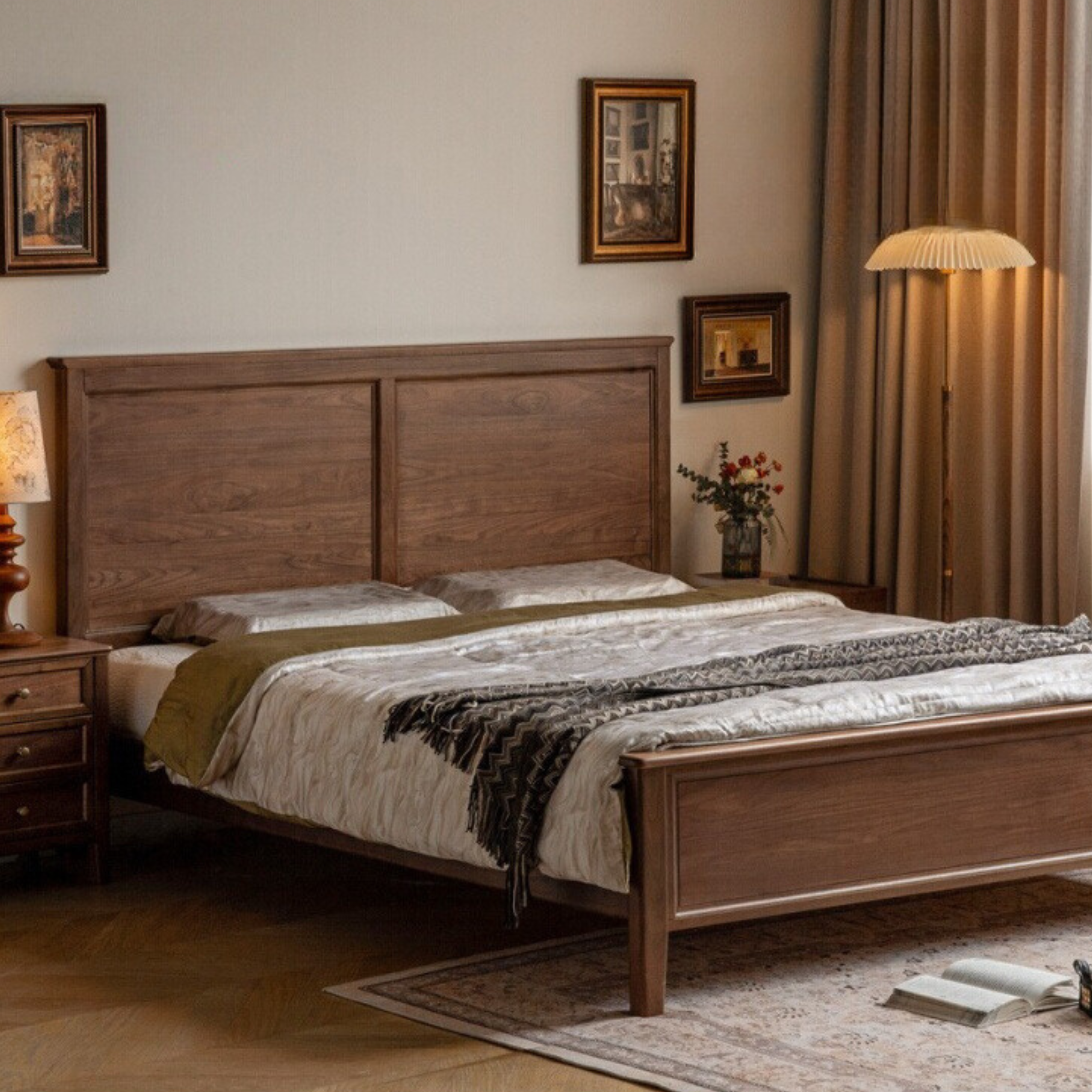 Solid Black Walnut Wood American Retro Bed - Handcrafted Vintage Style Bedroom Furniture for Classic & Modern Home Decor