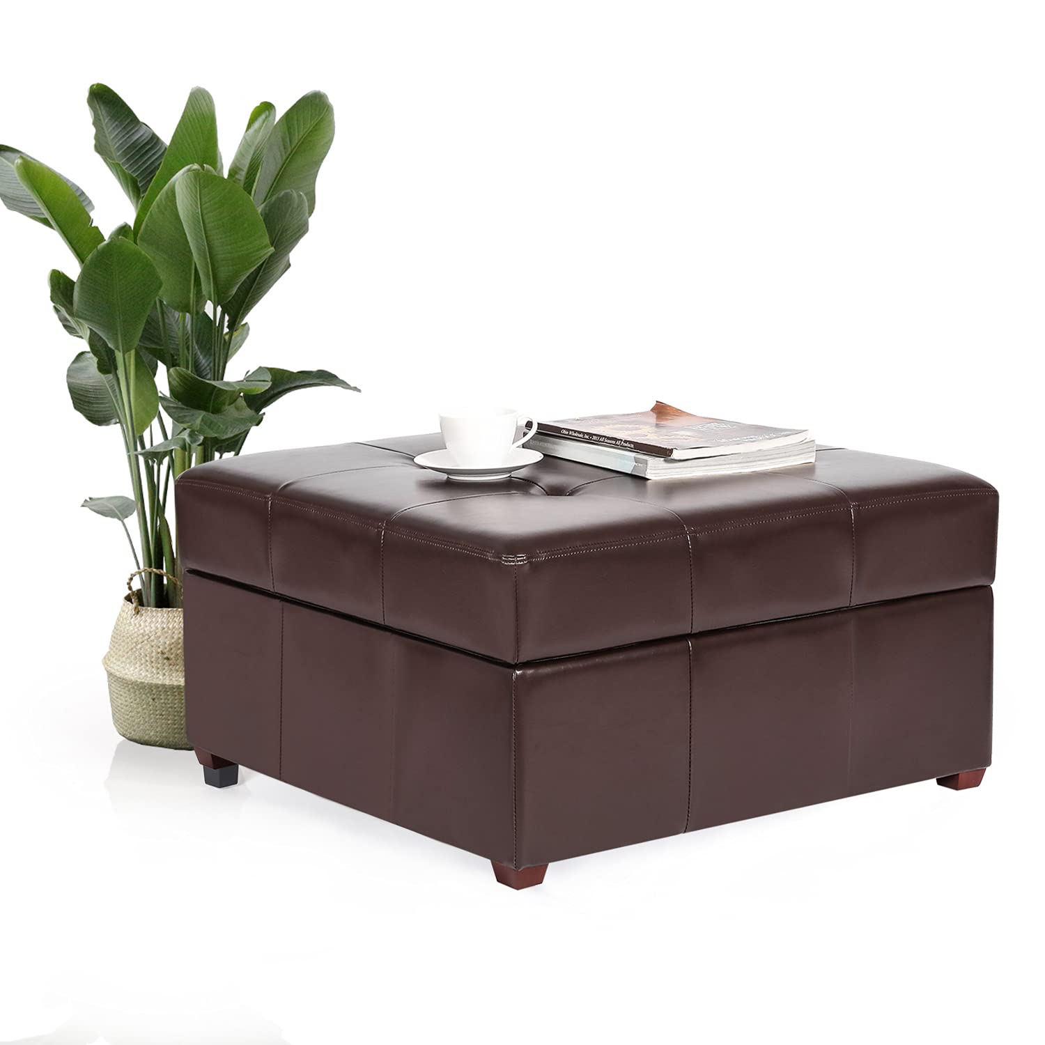 Adeco 28 Inch Tufted Storage Ottoman - Wide Square Coffee Table with Lift Top, Faux Leather Footstool with Sturdy Wood Legs for Living Room, Bedroom & Home Office (Brown)