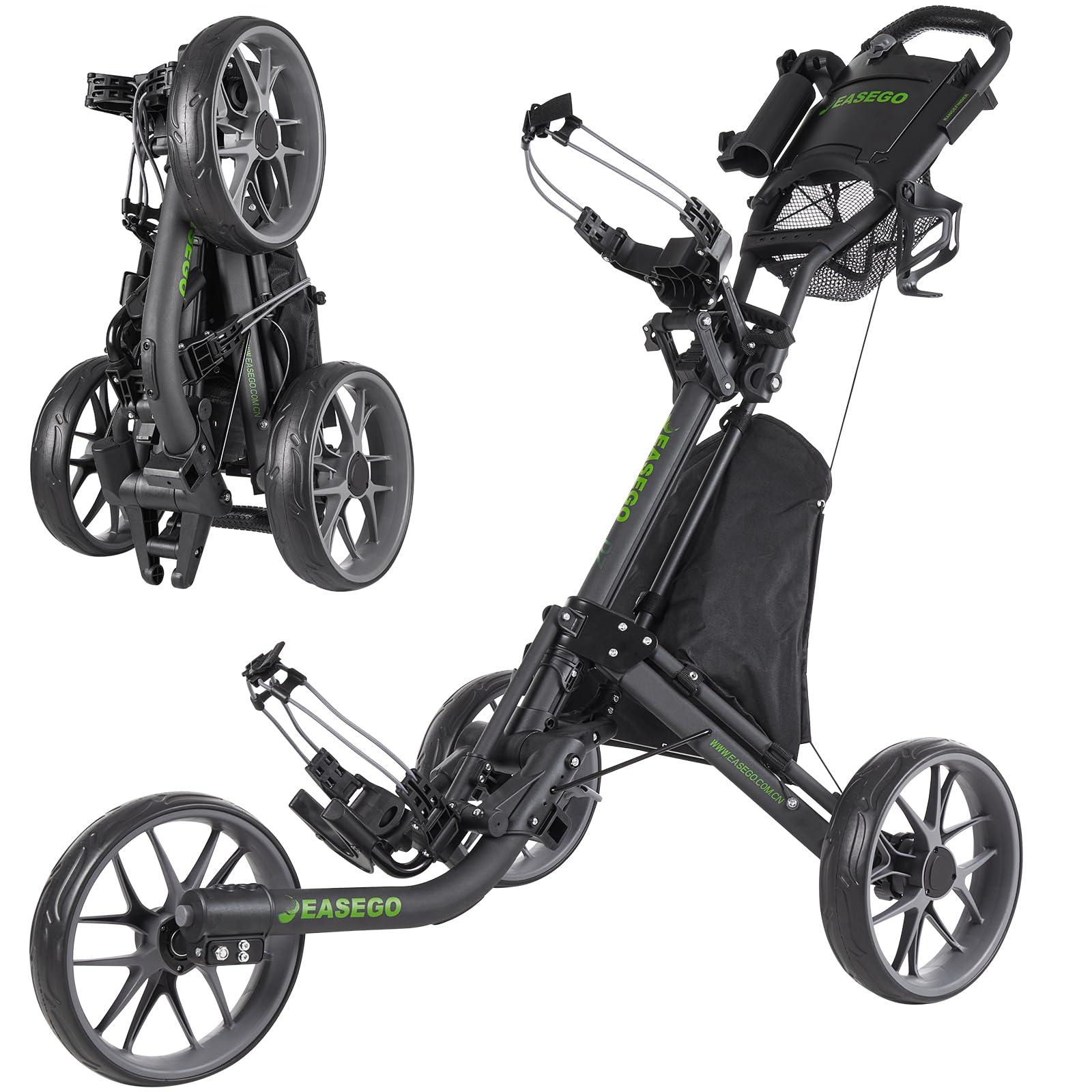 Premium 3-Wheel Golf Push Cart - Foldable Golf Bag Caddy with Phone Holder, Cup Holder & Umbrella Stand | Compact & Lightweight Design for Easy Transport | Ideal for All Terrains - Perfect for Golf Courses, Driving Ranges & Practice Sessions