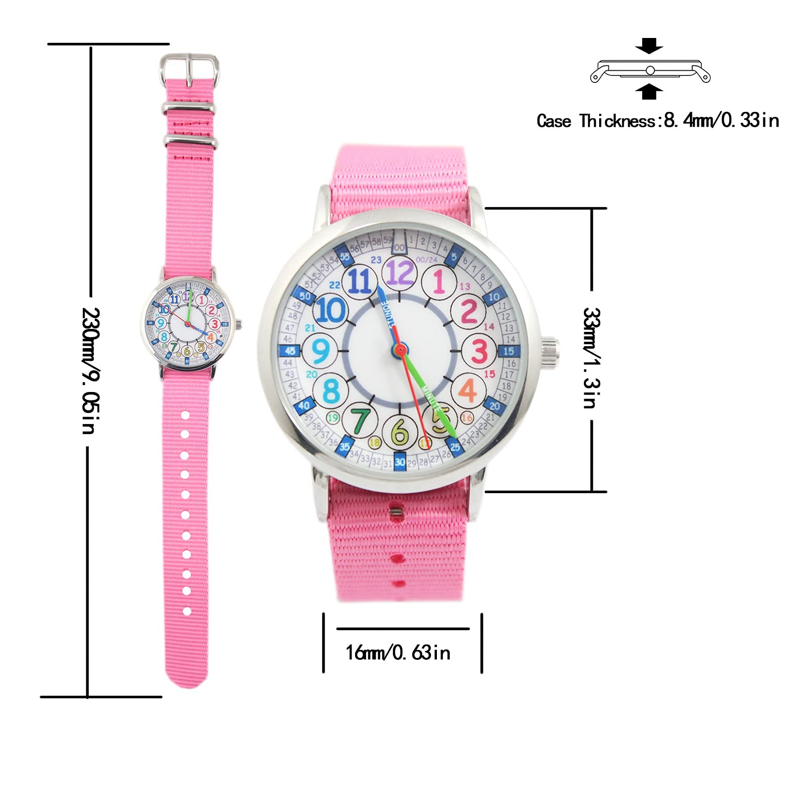 Bigbangbang Kids Analog Watch for Girls Ages 7-10 - Soft Cloth Strap Learning Time Watch for Toddlers & Kindergarten - Pink First Watch to Teach Children How to Read Time - Perfect for School, Playtime & Daily Activities