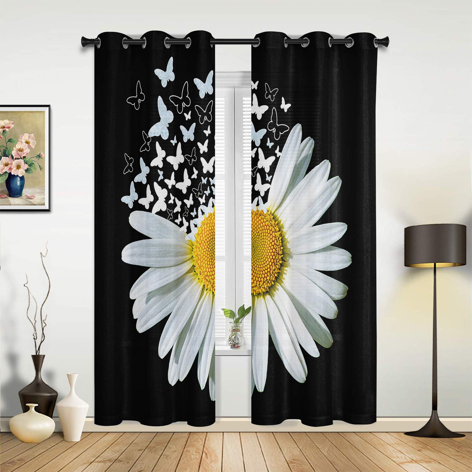Sheer Curtains with White Daisy Floral and Butterfly Design on Black Background - 2 Panels, 39 Inch Length, Grommet Top for Easy Hanging - Perfect for Kitchen, Living Room, Bedroom, Patio, and Sliding Glass Door Window Treatments