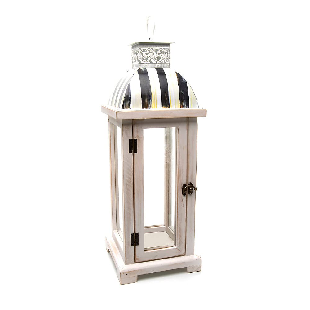 MACKENZIE-CHILDS Wooden Lantern for Flameless Candles - Black and White Courtly Stripe Design - Perfect for Home Decor, Wedding Centerpieces, and Outdoor Garden Lighting