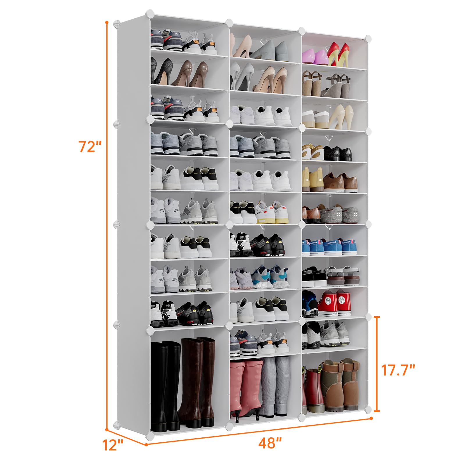 MAGINELS 72 Pairs Shoe Rack Organizer - Large Tall Shoe Storage Cabinet with Shelves for Closet, Bedroom, Hallway - White (48x12x72 inches) | Perfect for Organizing Shoes in Living Room, Entryway & Small Spaces