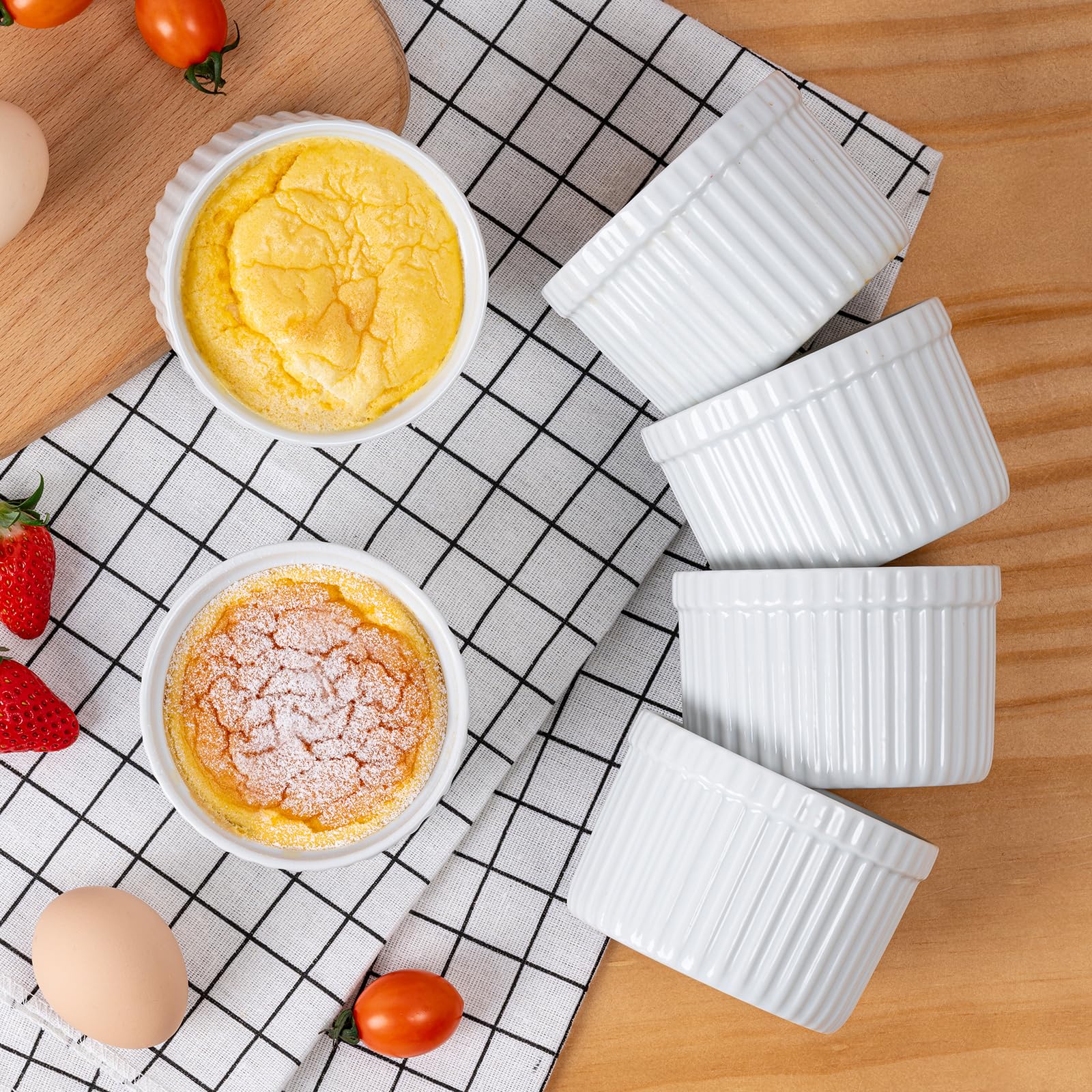 6-Pack 8 oz White Ceramic Ramekins with Embossed Strips - Oven Safe Fluted Bowls for Baking Creme Brulee, Custard, Pudding & Muffins | Perfect for Desserts, Souffles, and Elegant Dinner Parties