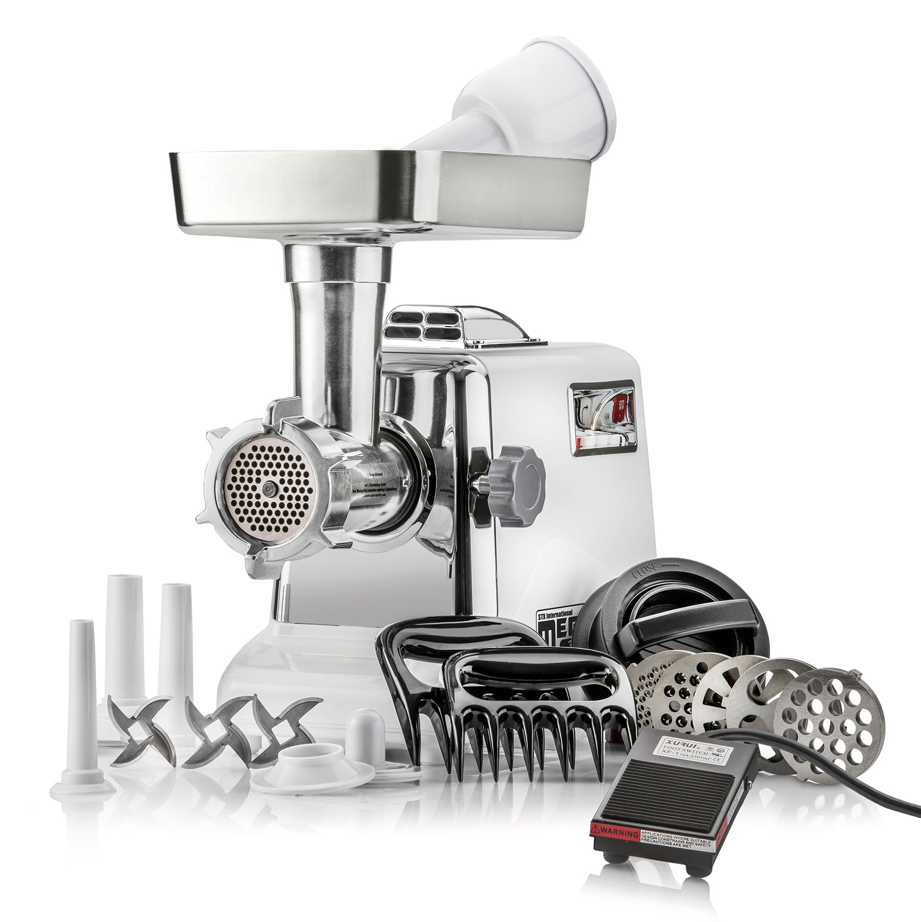 Megaforce 3000 Series 6-in-1 Electric Meat Grinder - 3000W Heavy Duty Commercial Meat Grinder with Air Cooling System, 3-Speed Control & Foot Pedal - Includes 5 Grinding Plates, Stainless Steel Blades, Sausage Stuffer & Kubbe Maker Attachment - Perfect for Home Kitchen, Butcher Shop, Restaurant & Food Processing