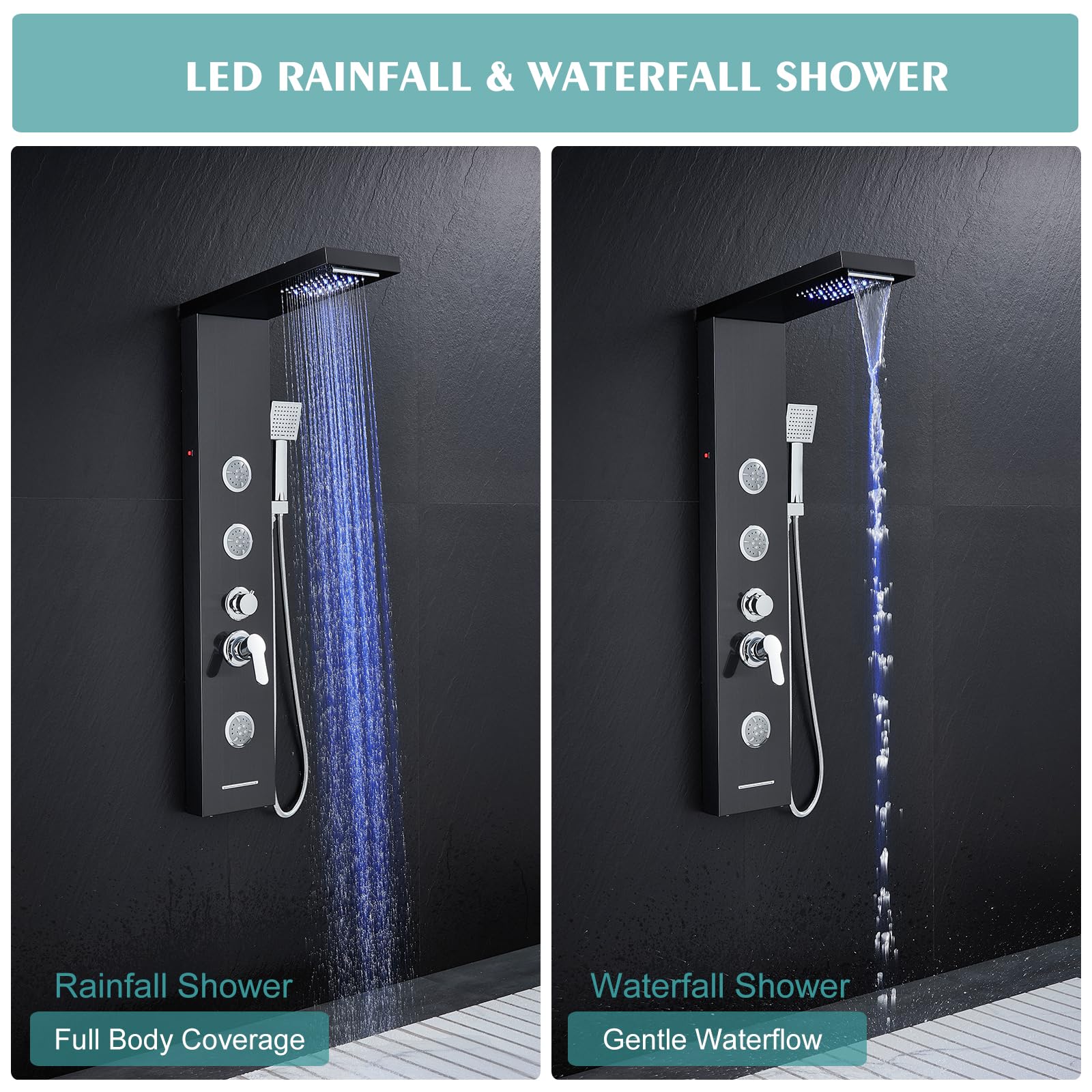6-in-1 LED Shower Panel Tower System with Rainfall Shower Head, Body Jets & Handheld - Stainless Steel Black Shower Column for Luxury Bathroom Upgrade | Perfect for Modern Homes, Spa Experience & Relaxing Showers