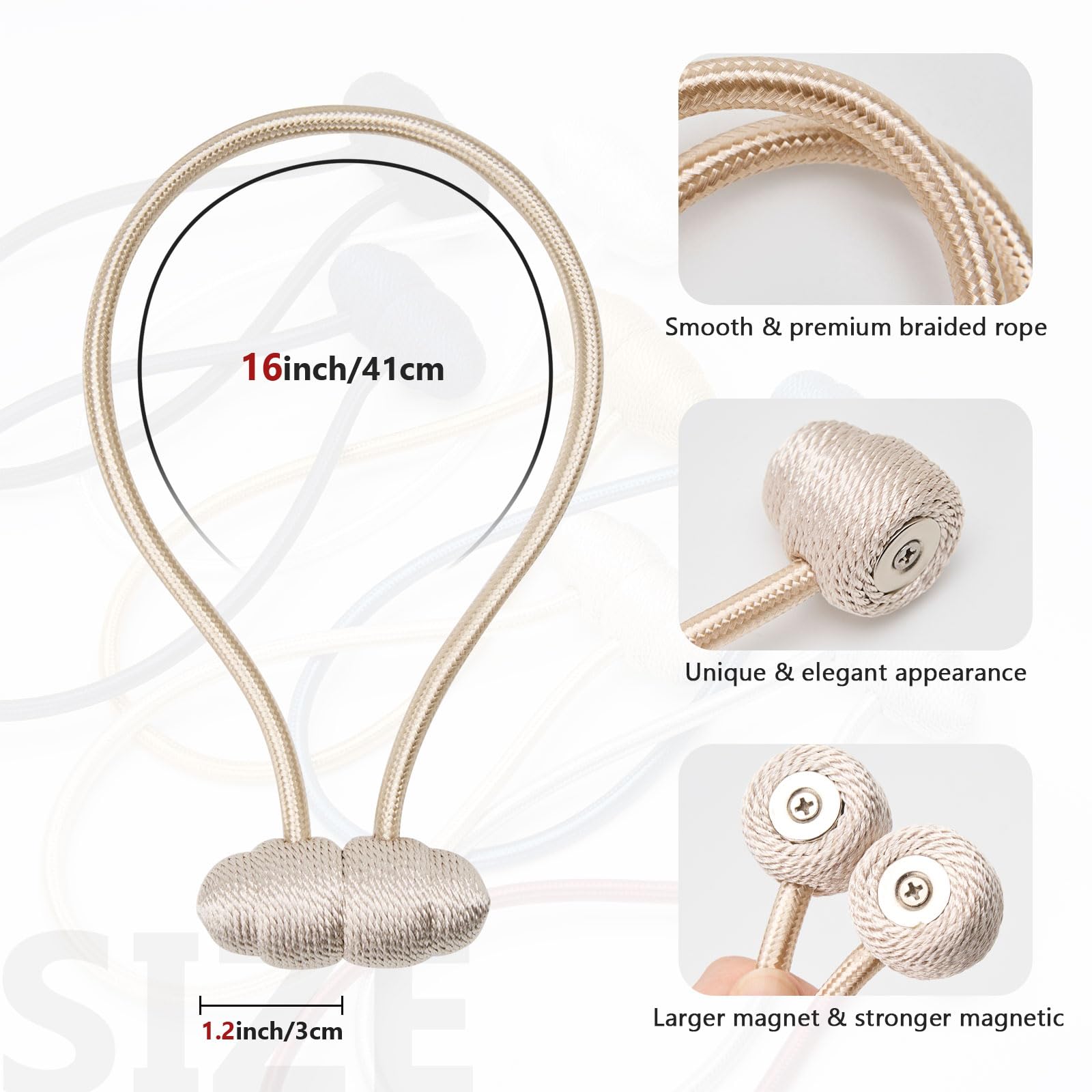 NICEEC 4 Pack 16 Inch Magnetic Curtain Tiebacks - Handwoven Rope Drapery Holdbacks for Windows, Modern Elegant Beige Curtain Drape Tie Backs for Living Room, Bedroom & Outdoor Use