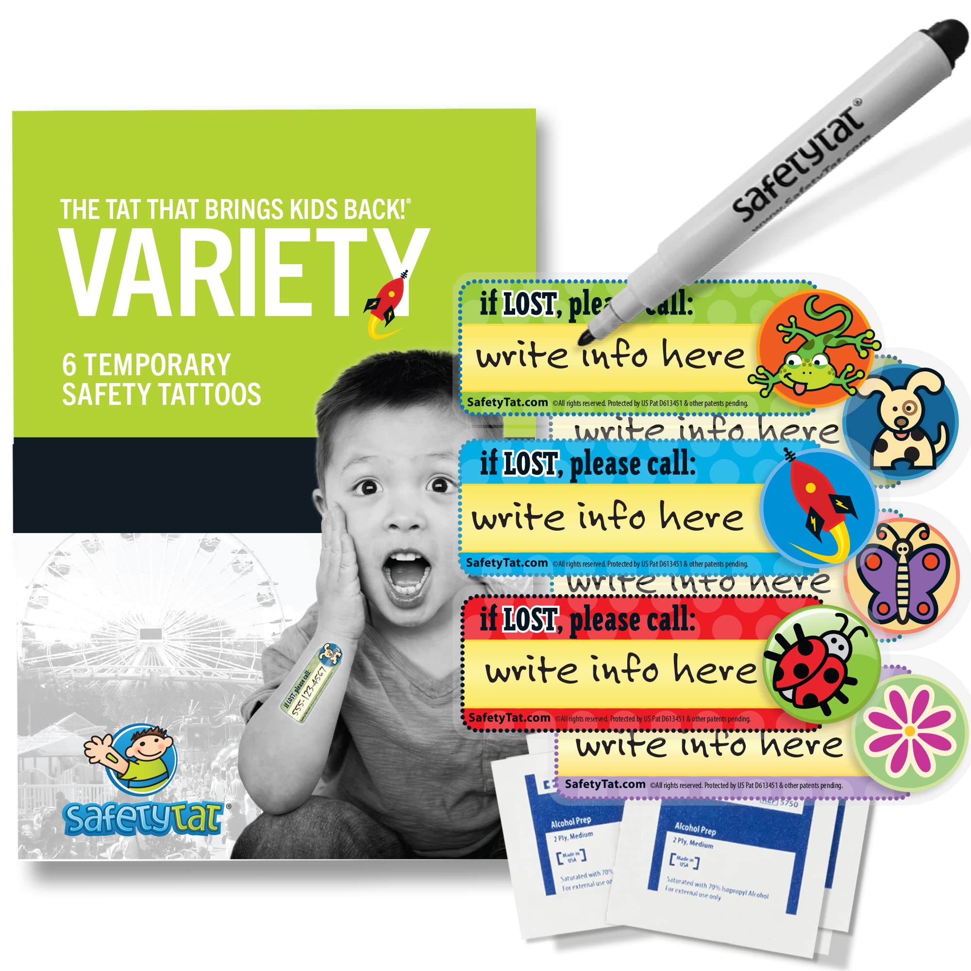 6-Pack SafetyTat Child ID Tattoos with Skin Prep Wipes & Tattoo Marker - Temporary Tattoos for Kids Safety, Outdoor Activities, Travel, and Emergency Identification