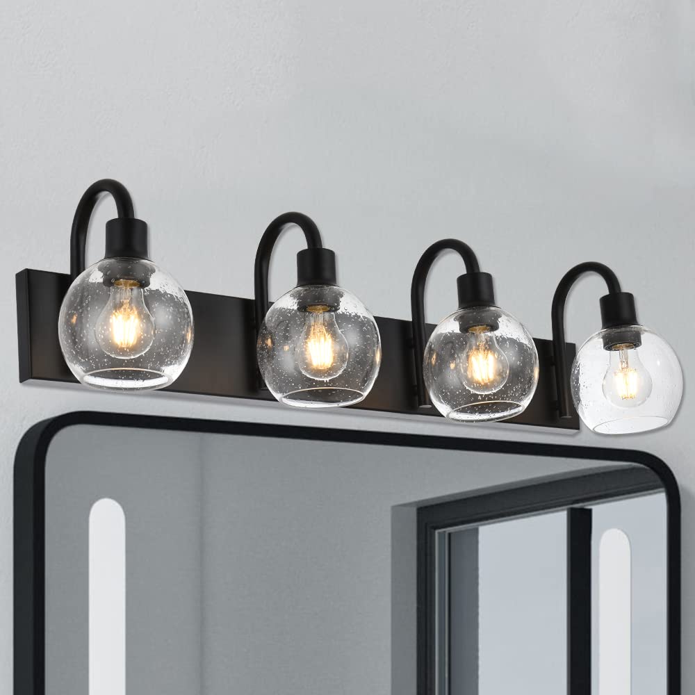 4-Lights Black Industrial Bathroom Vanity Light Fixtures with Seeded Glass Lampshades - Over Mirror Wall Lighting for Modern Bathroom & Powder Room Decor