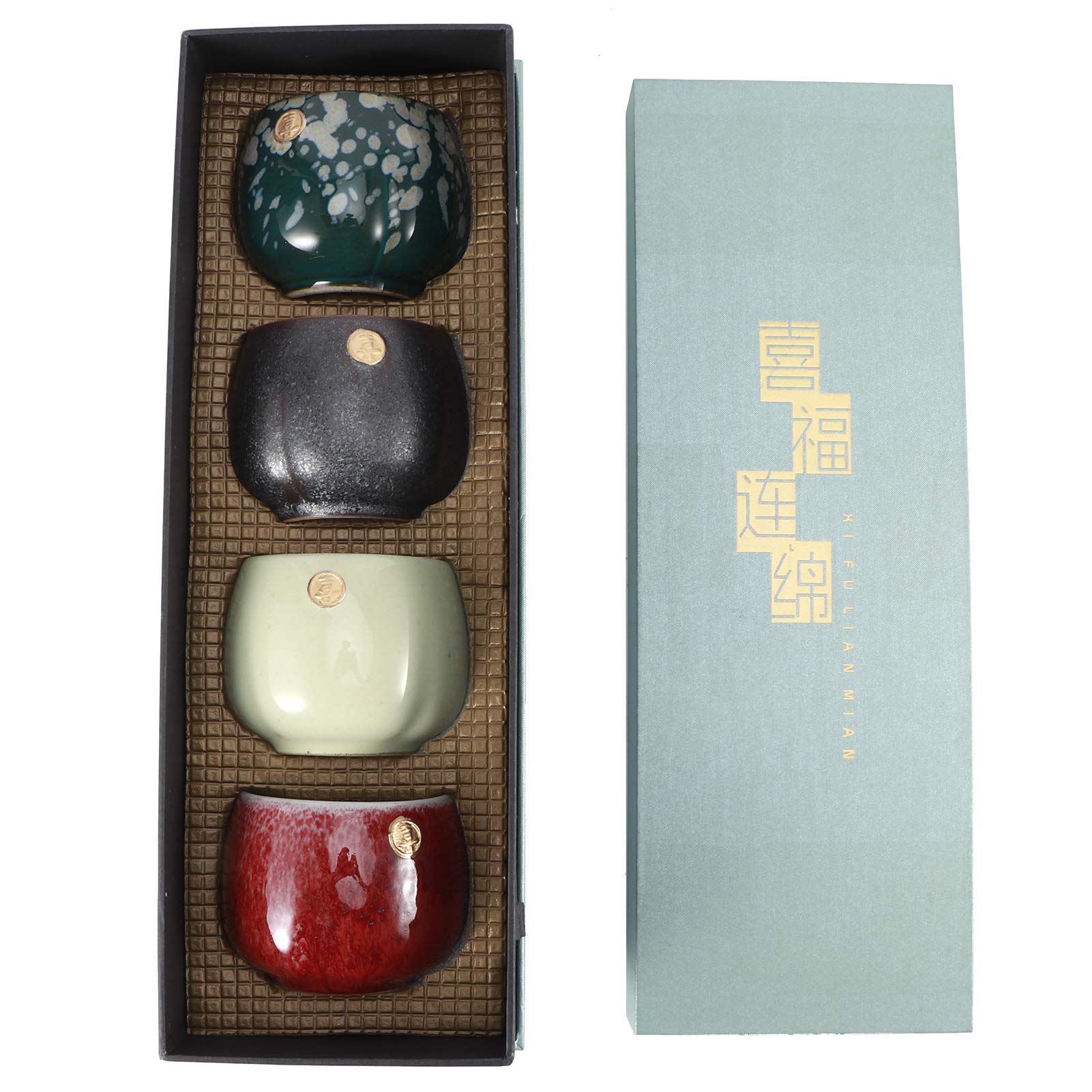 Vintage Japanese Style Ceramic Tea Cup Set - 4pcs Handcrafted Kiln Baked Kung Fu Teaware for Coffee, Tea, Cappuccino, Latte & Americano - Four Seasons Changle Collection - Perfect for Home, Office & Tea Ceremonies