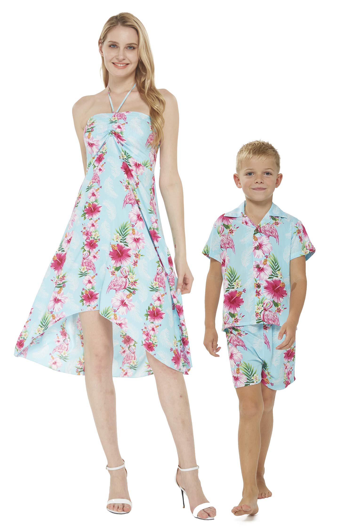 Stylish Matching Mother & Son Hawaiian Luau Outfits - Pink Hibiscus Vine Aloha Shirt & Dress Set for Beach Party, Family Vacation, and Summer Photoshoots
