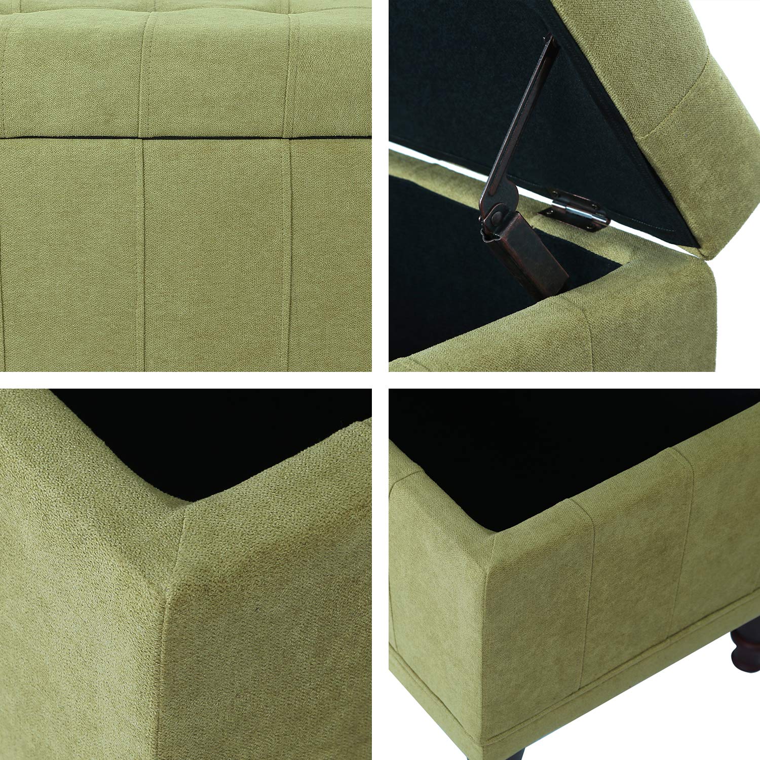 ASENSE Linen Upholstered Storage Ottoman Bench with Tufted Lift Top & Solid Wood Legs - Green Rectangle Footstool for Living Room, Bedroom, and Entryway Storage Solutions