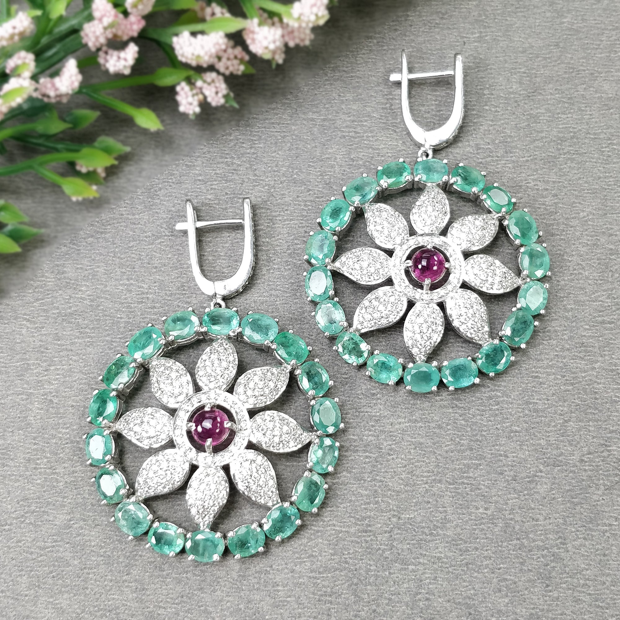 Natural Emerald & Pink Tourmaline Gemstone Jewelry Set with CZ - 925 Sterling Silver Round & Oval Earrings & Rings for Women | Wedding, Party, Anniversary Gift