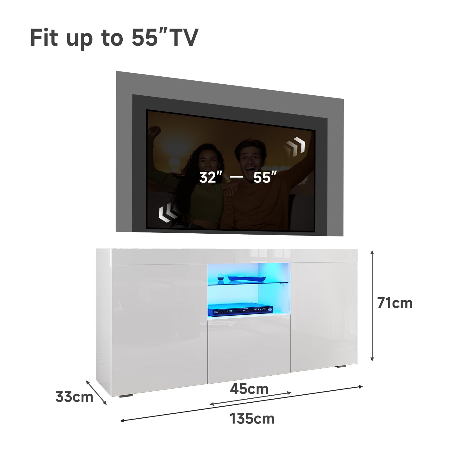 Modern White Gloss 1350mm LED TV Stand with Ambient Lighting - Storage Cabinet for 32-55 Inch 4K TVs | Perfect for Living Room & Bedroom Entertainment Setup