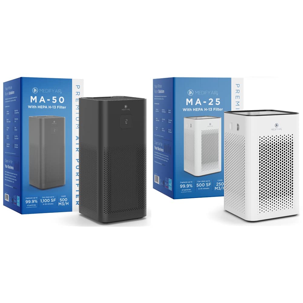 Medify MA-50 HEPA Air Purifier for Large Rooms up to 1500 sq ft | Black | 1-Pack | Home, Office, Bedroom, Allergy & Pet Dander Relief    Medify MA-25 HEPA Air Purifier for Medium Rooms up to 1000 sq ft | White | 1-Pack | Home, Office, Nursery, Dust & Pollen Removal