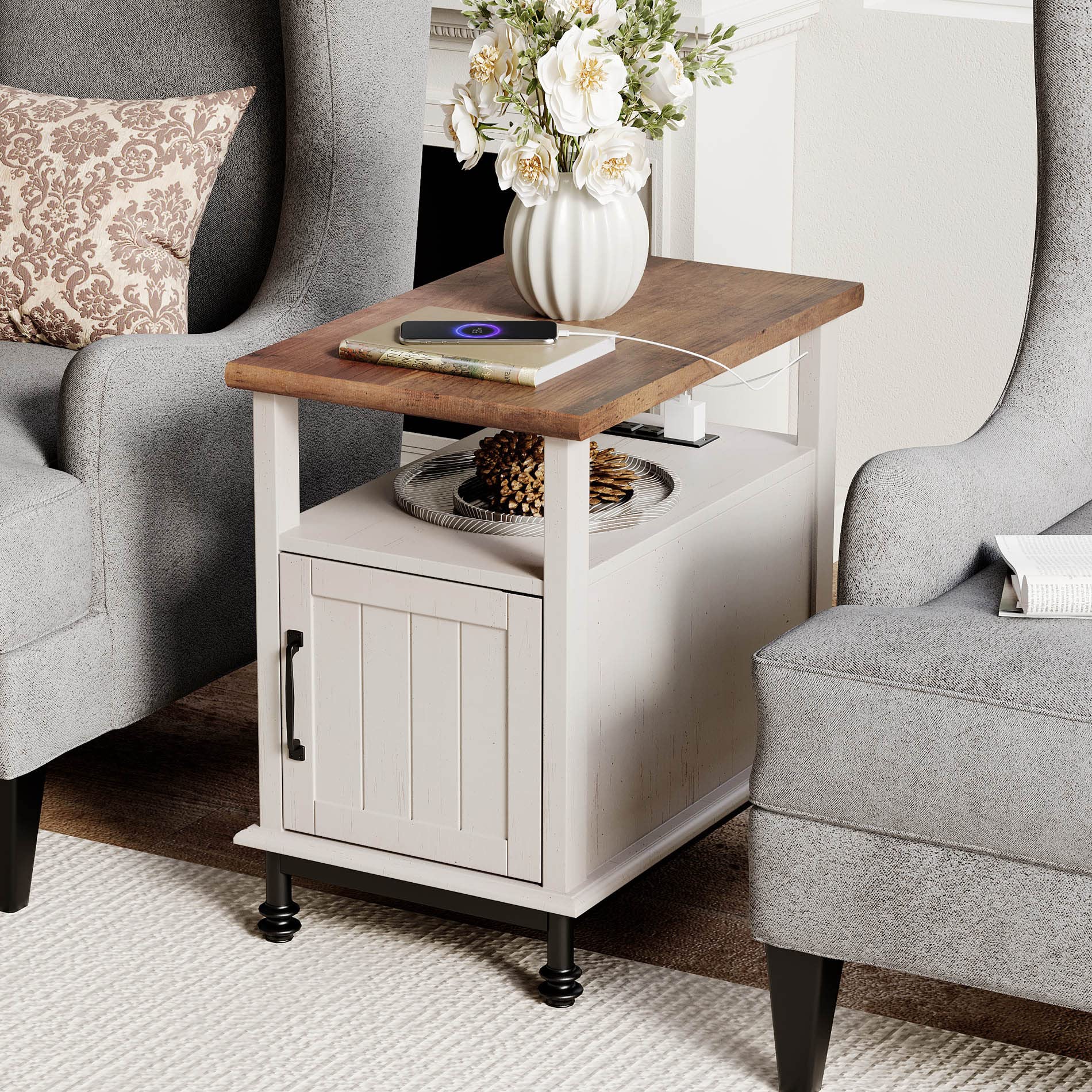 WAMPAT Narrow End Table with Charging Station - Farmhouse Style Side Table with Open Storage & Cabinet - Wooden Nightstand with Metal Legs for Living Room & Bedroom - White/Oak Finish - Perfect for Small Spaces, Apartments & Home Decor