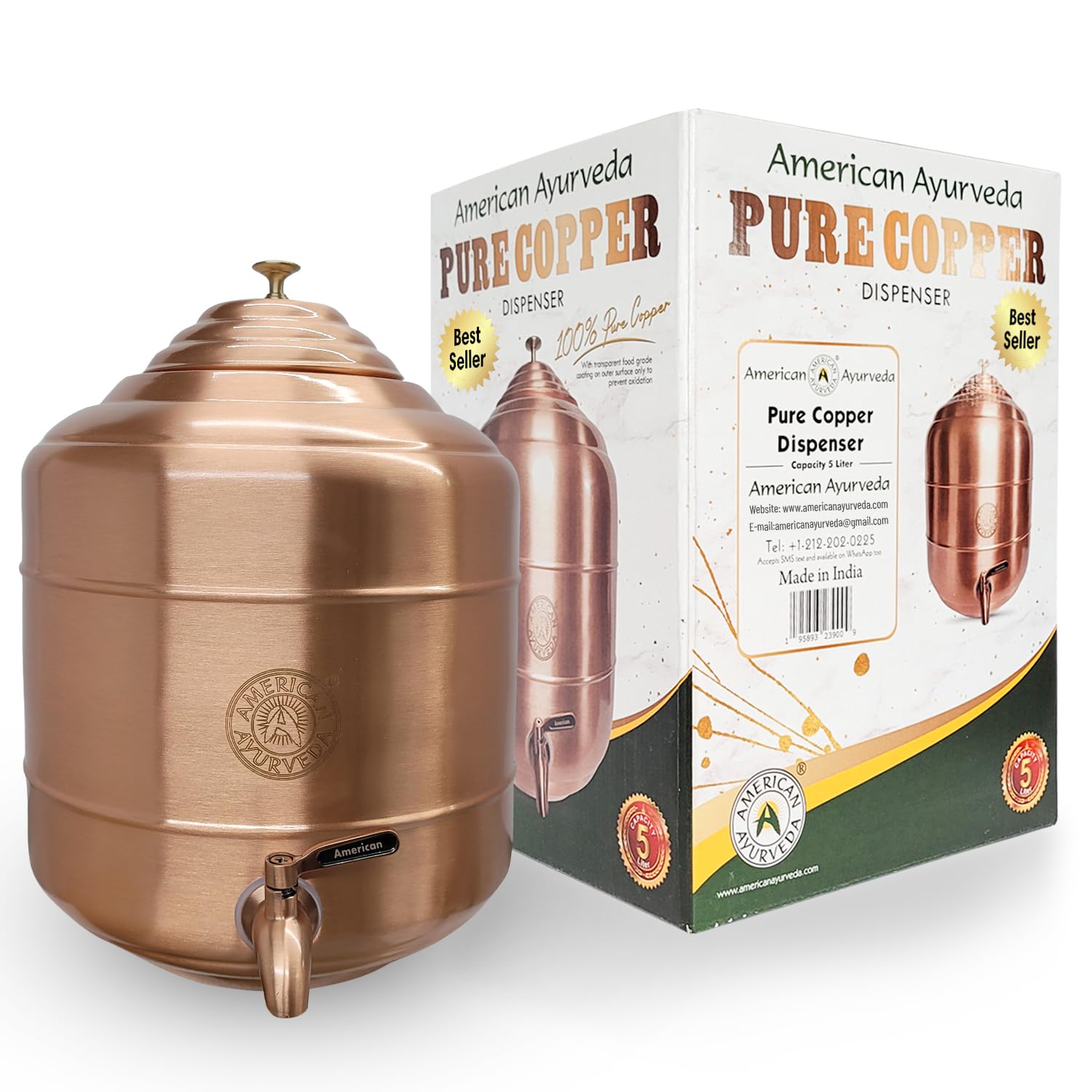 100% Pure Copper Water Dispenser Storage Tank with Stainless Steel Faucet & Lid - 3.17 Gallon (12L) Healthy Organic Water Container for Yoga, Meditation & Home Wellness