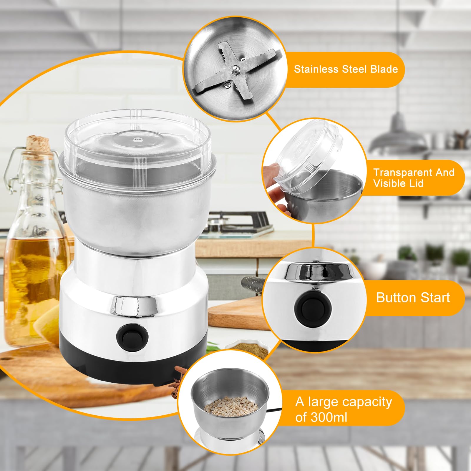 Premium Electric Coffee Grinder 300ml - Mini Stainless Steel Coffee & Spice Grinder with One-Touch Start - Portable Mill for Coffee Beans, Nuts & Spices - Perfect for Home, Office & Travel Use