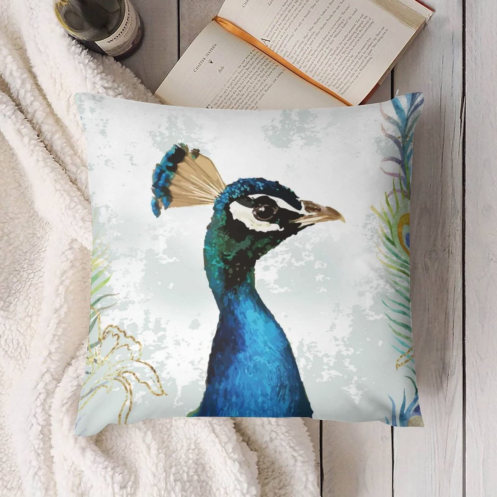 20x20 Inch Peacock & Magnolia Velvet Throw Pillow Cover with Zipper - Decorative Square Cushion Case for Sofa, Bed, Couch, Car - Perfect for Home Decor, Living Room Accent, and Gift Giving