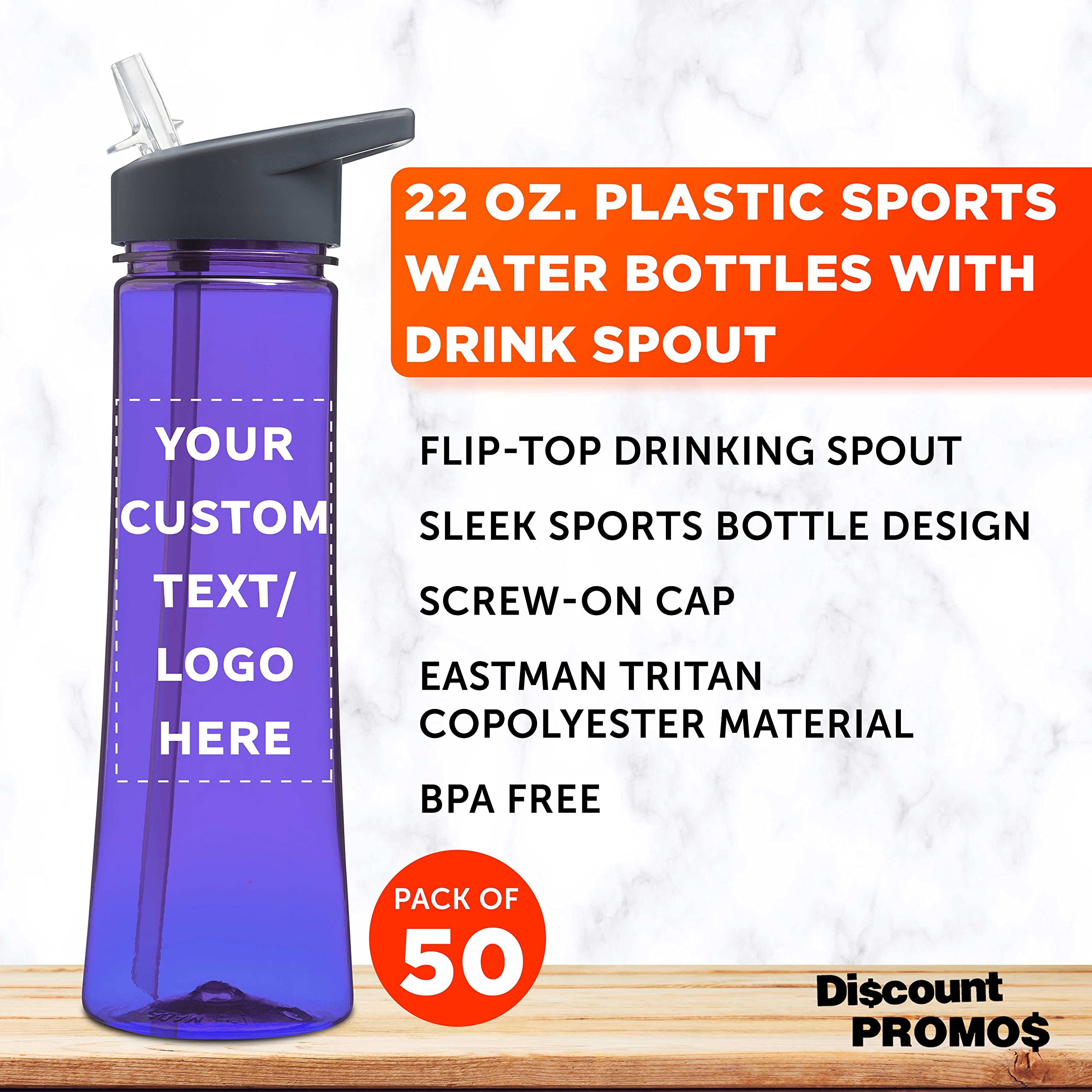 Custom 22 oz Plastic Water Bottles with Drink Spout - Bulk Pack of 50 Personalized Reusable Bottles for Gym, Hiking, Cycling, Camping - Durable BPA-Free Purple Sports Bottles - Perfect for Outdoor Activities, Fitness & School Hydration