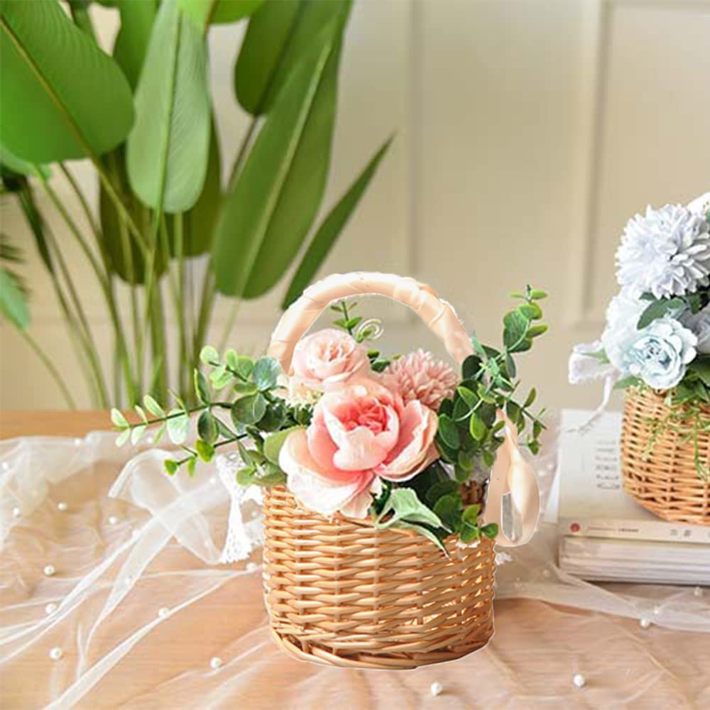 Handwoven Willow Wicker Basket with Handle & Ribbon Bow - Wedding Flower Girl Basket, Easter Egg or Candy Holder - Perfect for Weddings, Home Decor & Garden Parties