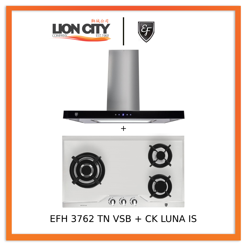 EF CK LUNA 90cm Island Range Hood + EF EFH 3762 TN VSB 78cm Built-In Stainless Steel Gas Hob - Premium Kitchen Ventilation & Cooking Combo for Modern Homes