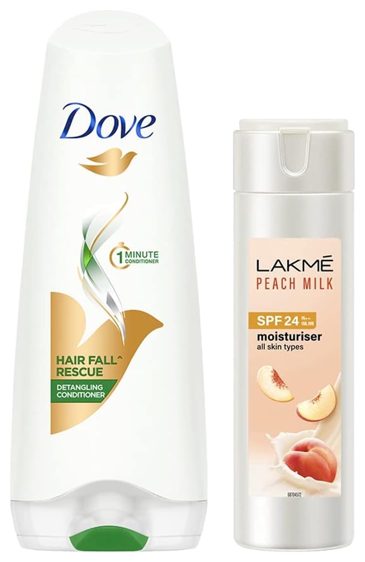 Dove Hair Fall Rescue Conditioner for Frizzy Hair 180ml & Lakme Peach Milk SPF 24 PA+ Sunscreen Moisturizer 120ml (2-Pack) - Daily Hair Care & Sun Protection for Healthy Hair & Skin