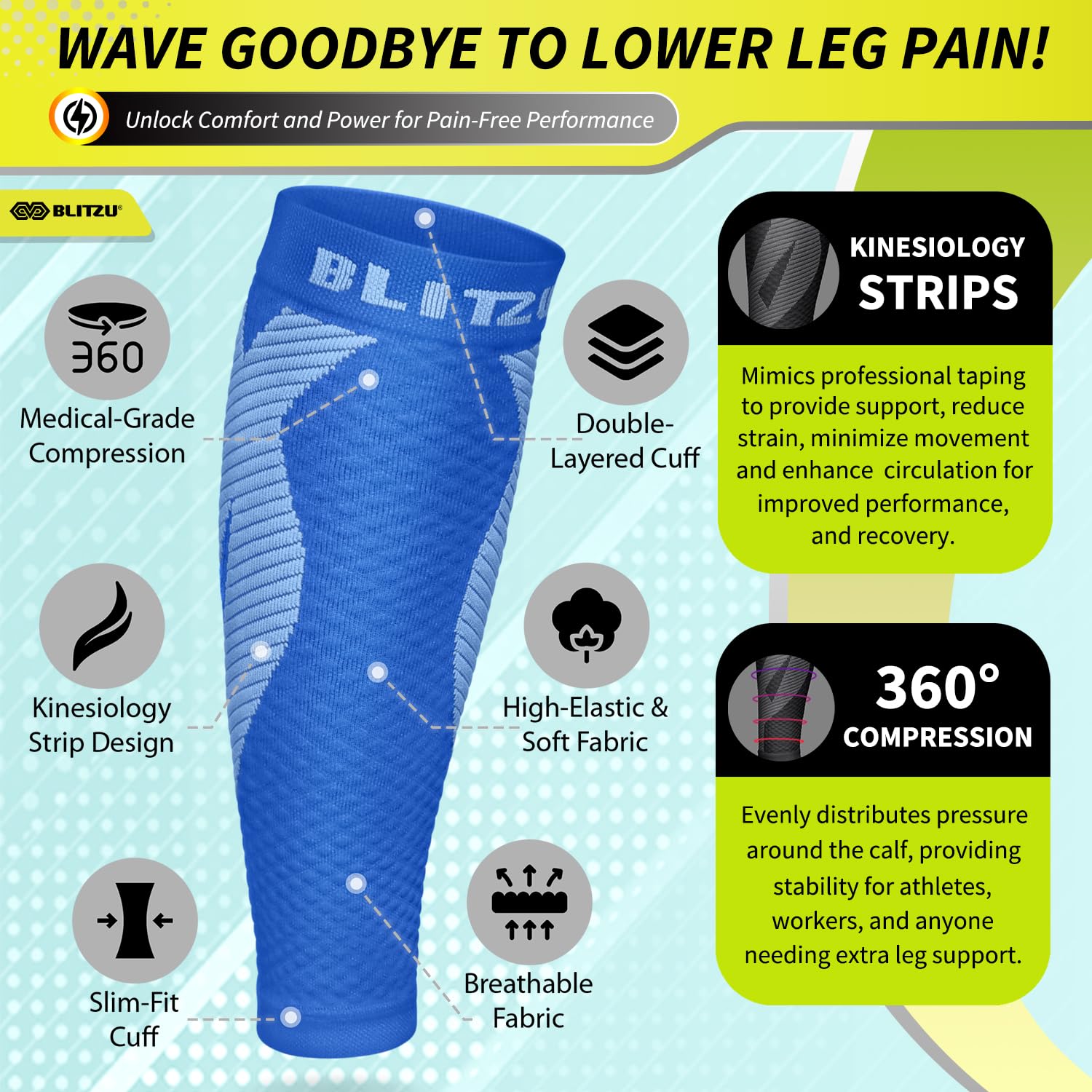 BLITZU Calf Compression Sleeve for Men & Women - Footless Compression Socks for Running, Shin Splints Pain Relief & Leg Support - Ideal for Runners, Athletes & Workout Recovery