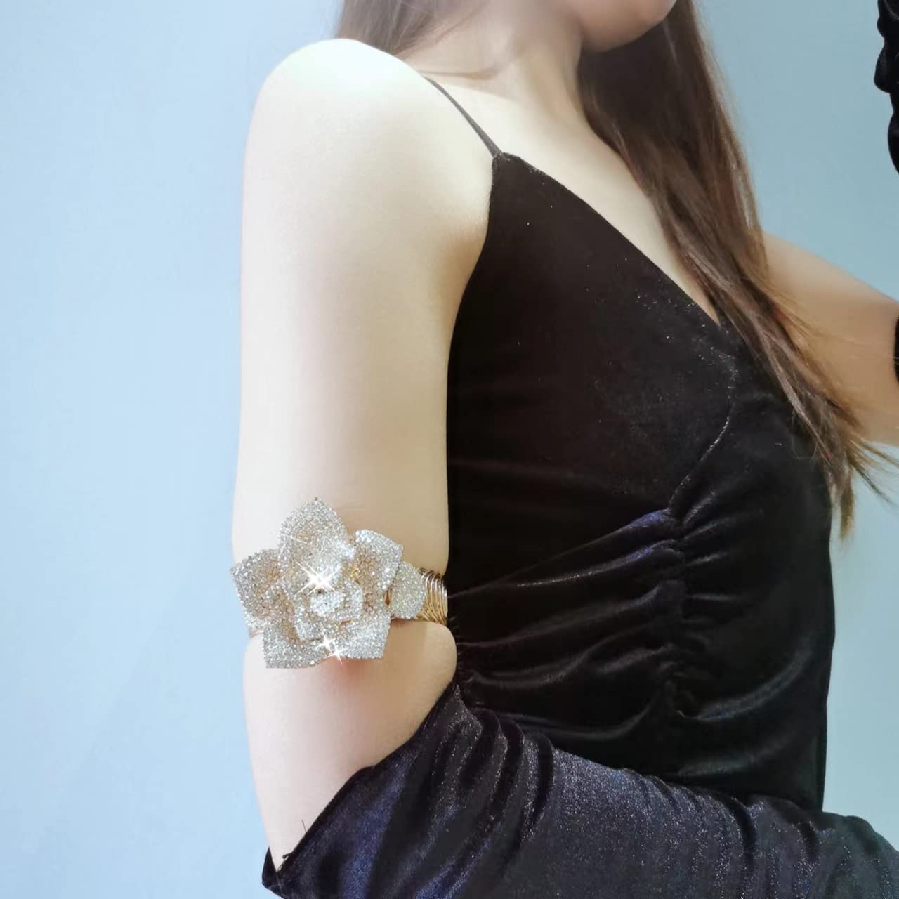 Jojomina Silver Crystal Rhinestone Bracelet for Women & Girls - Elegant Flower Arm Cuff Jewelry for Prom, Party, Wedding & Dating | Perfect Gift for Special Occasions