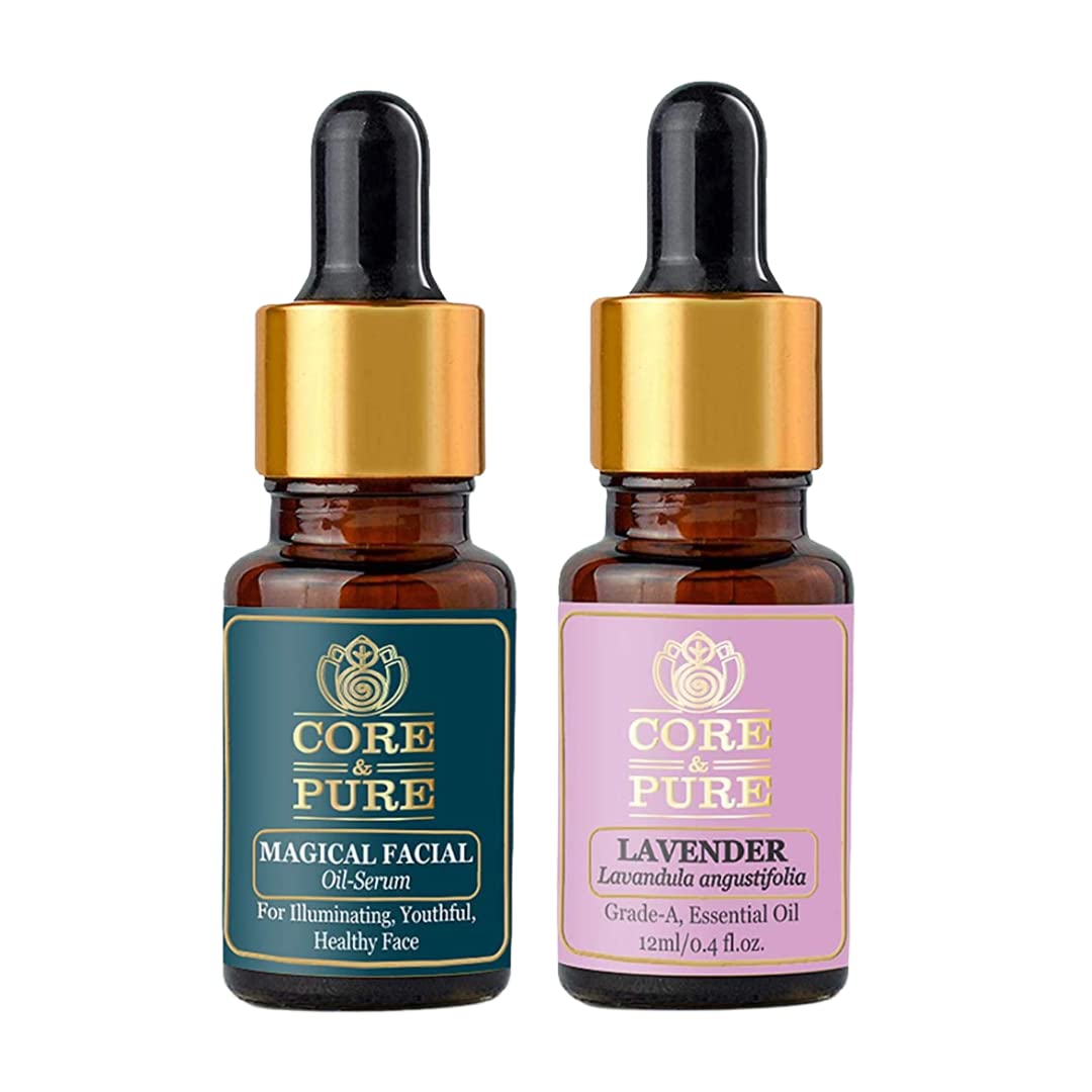 **CORE & PURE Magical Facial Oil Serum & Lavender Grade-A Essential Oil Combo Pack (12 ml Each) - Hydrating, Anti-Aging Skincare for Glowing Skin - Perfect for Night Routine & Aromatherapy**