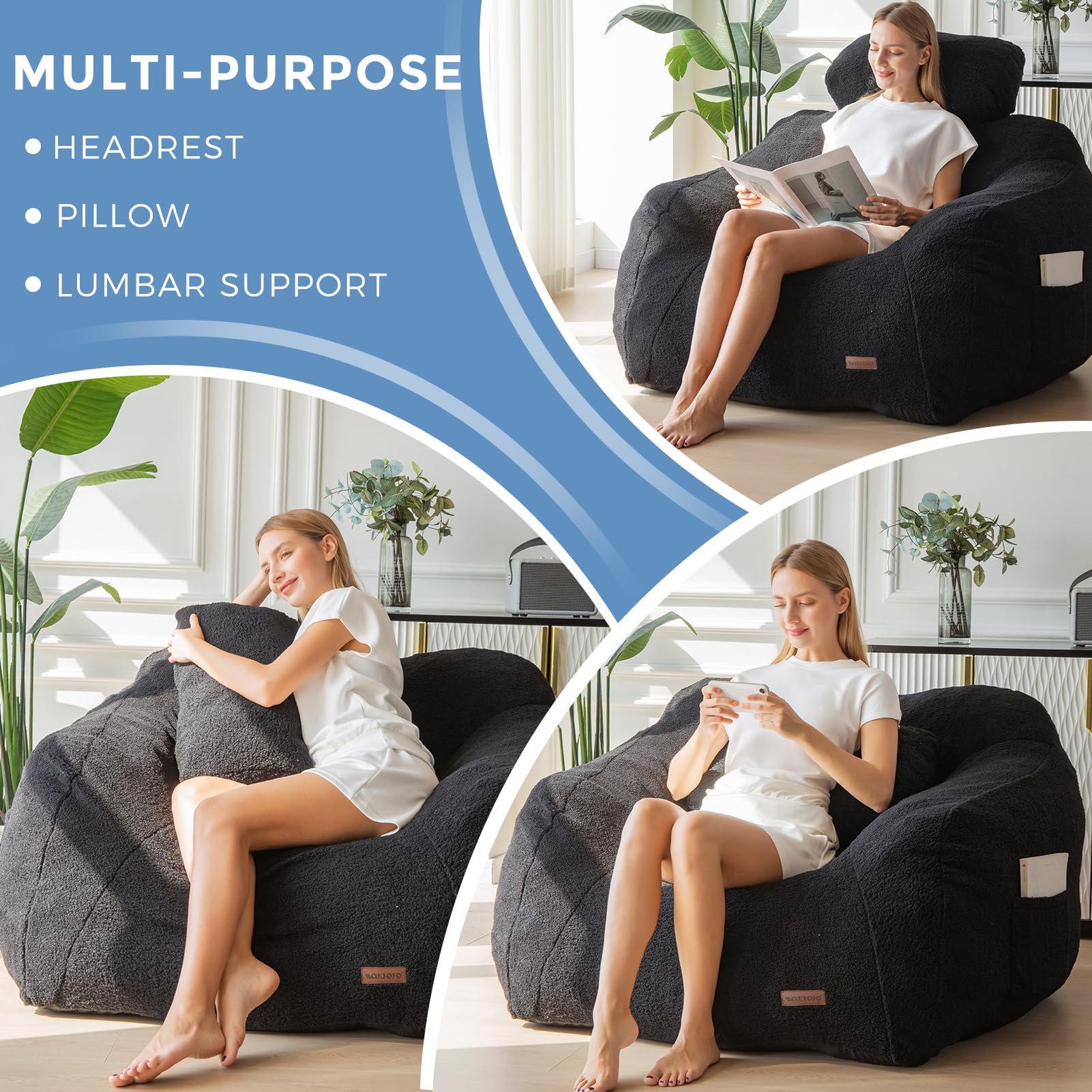 MAXYOYO Giant Bean Bag Chair with Pillow - Extra Large Fuzzy Comfy Bean Bag for Adults & Kids, Beige - Perfect for Living Room, Bedroom, Game Room & Dorm Relaxation