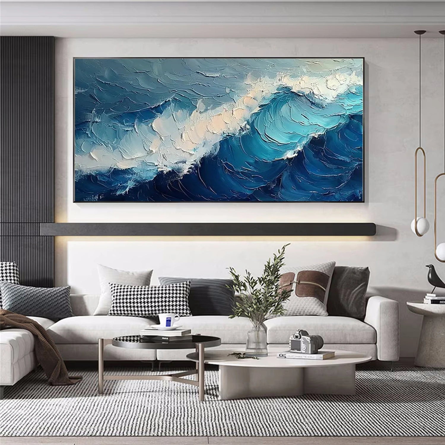Blue & White Ocean and Sky Abstract Texture Canvas Wall Art - Modern Coastal Decor for Living Room, Bedroom, or Office | Premium Quality Stretched Canvas Print