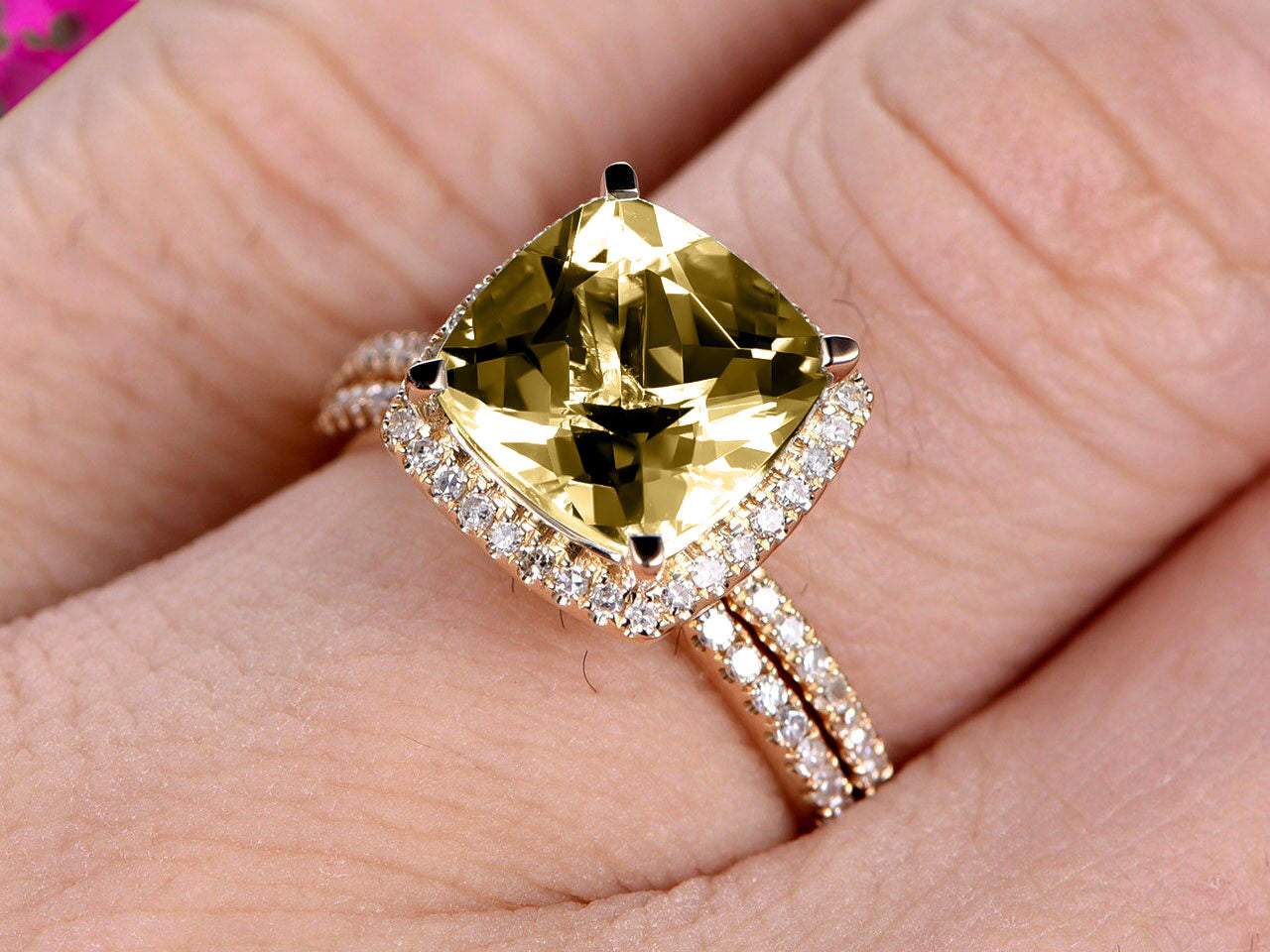 1.75 Carat Cushion Cut Champagne Moissanite Engagement Ring & Wedding Band Set in 10k Rose Gold Halo Design - Perfect for Proposals, Anniversaries, and Bridal Jewelry