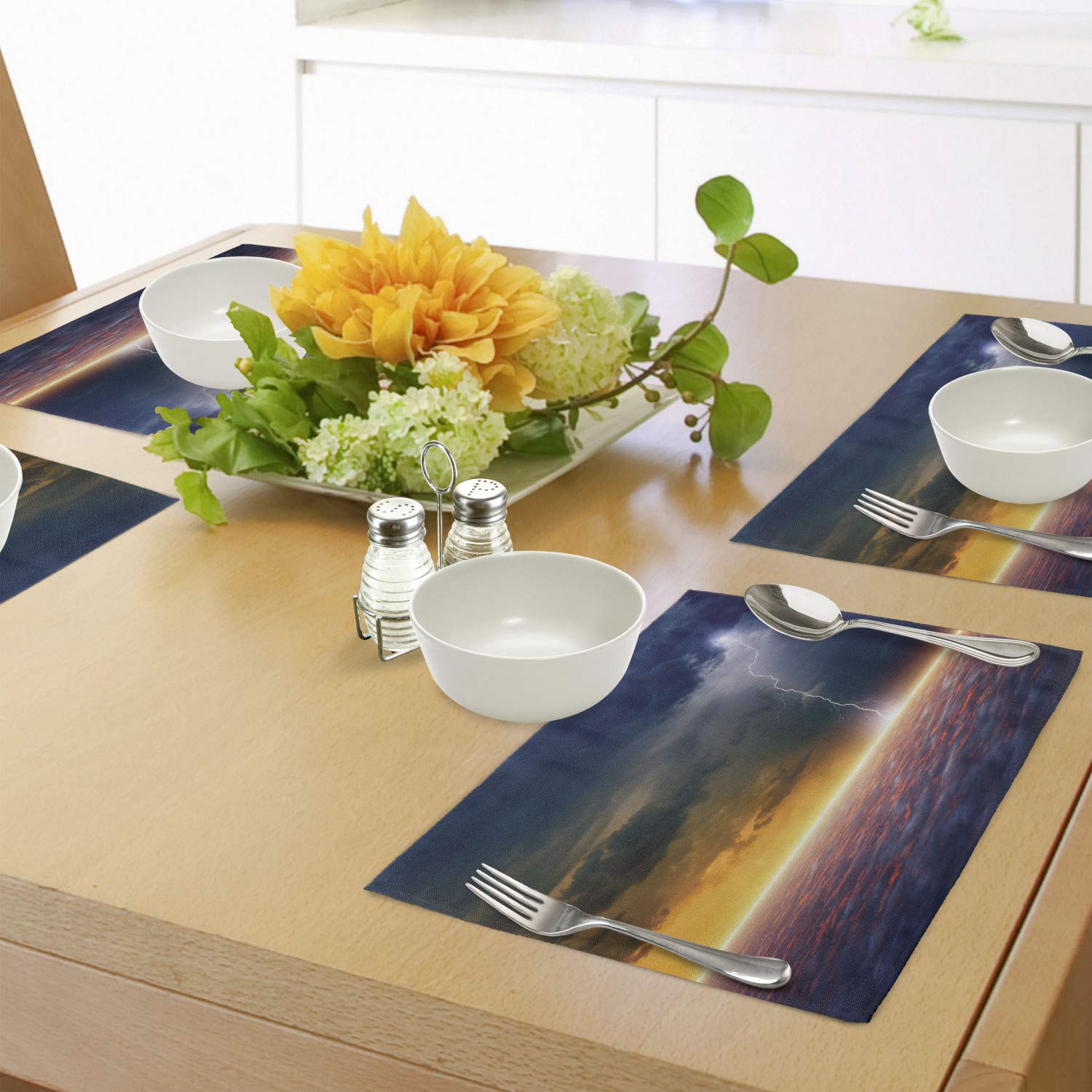 Ambesonne 4-Piece Nature Placemats Set - Apocalyptic Sky View Solar Print Washable Fabric Dining Table Mats - Orange & Blue Standard Size for Home Decor, Kitchen, and Outdoor Picnics